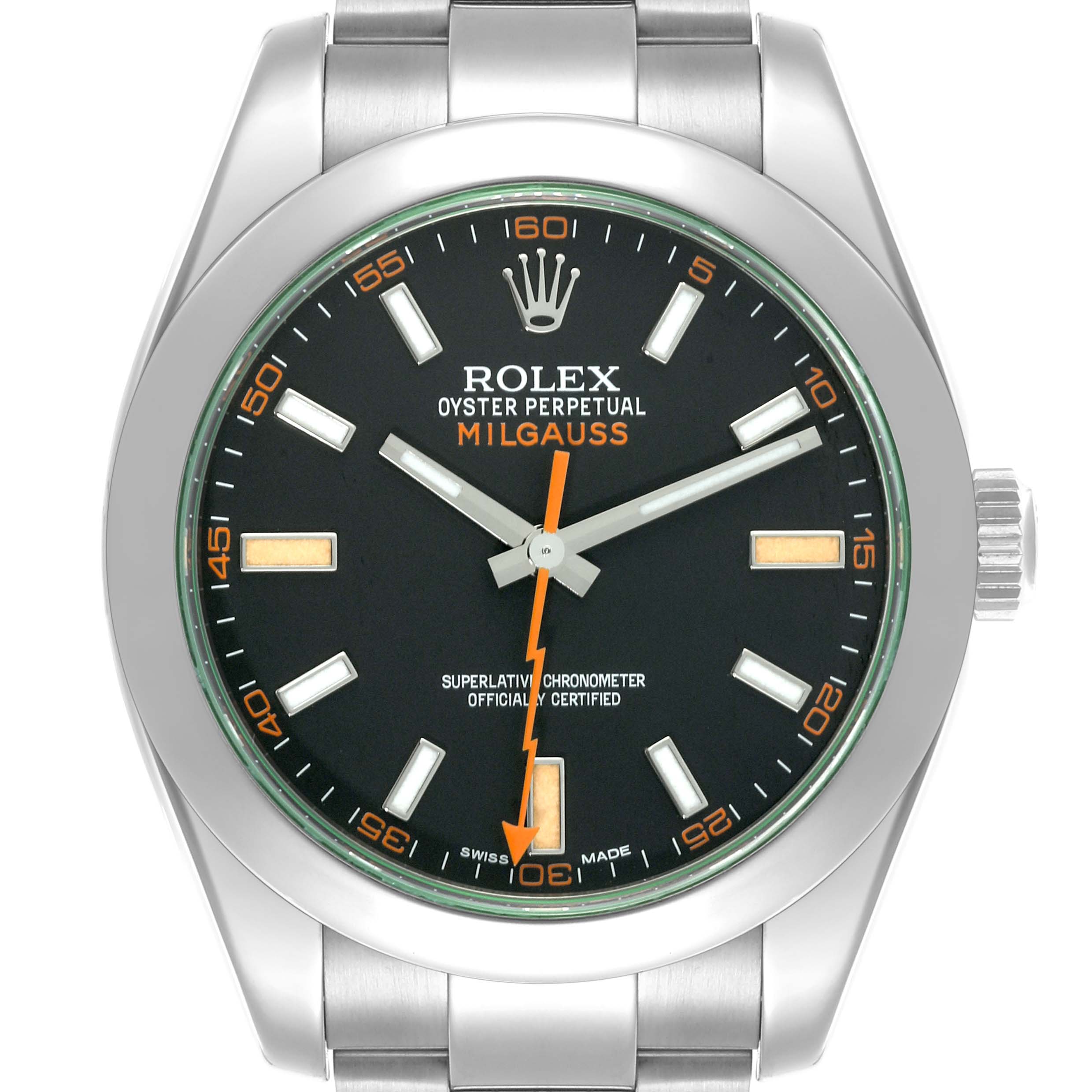 The Rolex Milgauss 116400GV Men's Stainless Steel Black Dial 116400GV Men's Stainless Steel Black Dial watch is shown from a top-down angle featuring the full face and part of the bracelet.