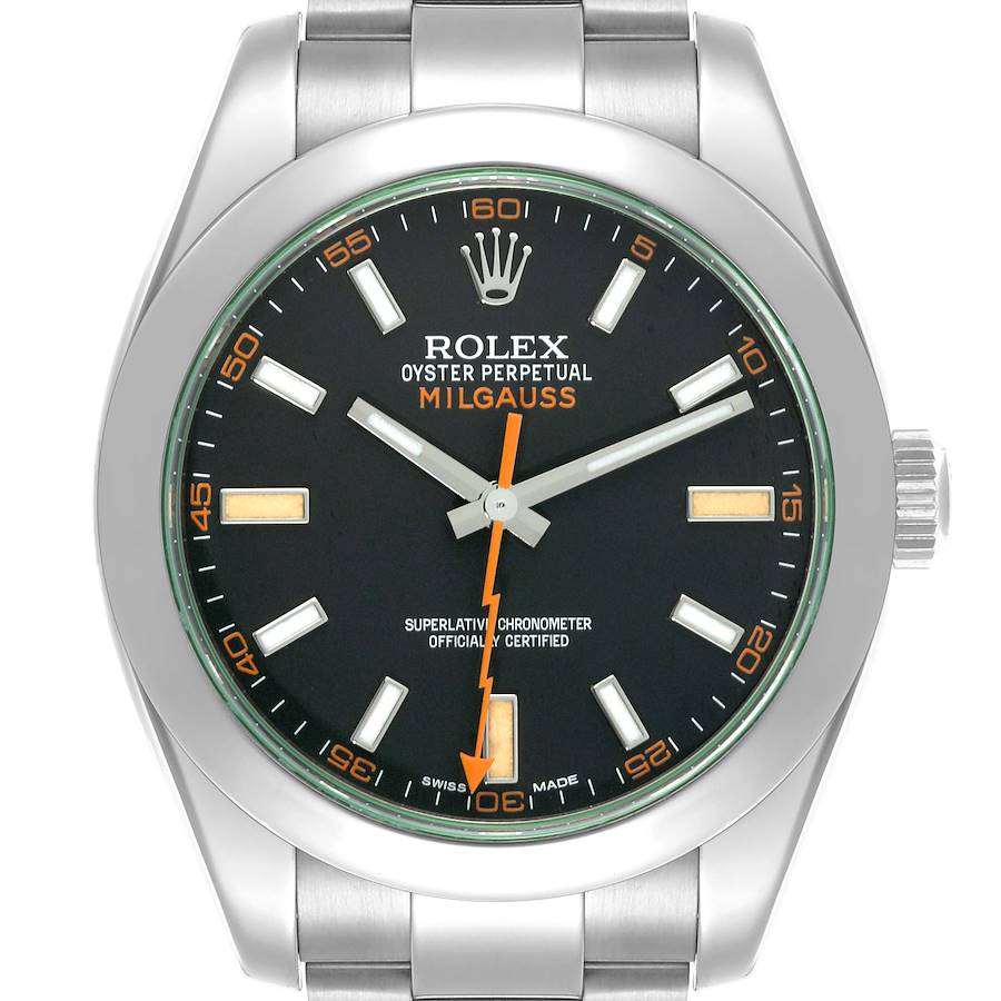 The Rolex Milgauss watch is shown from a top-down angle featuring the full face and part of the bracelet.