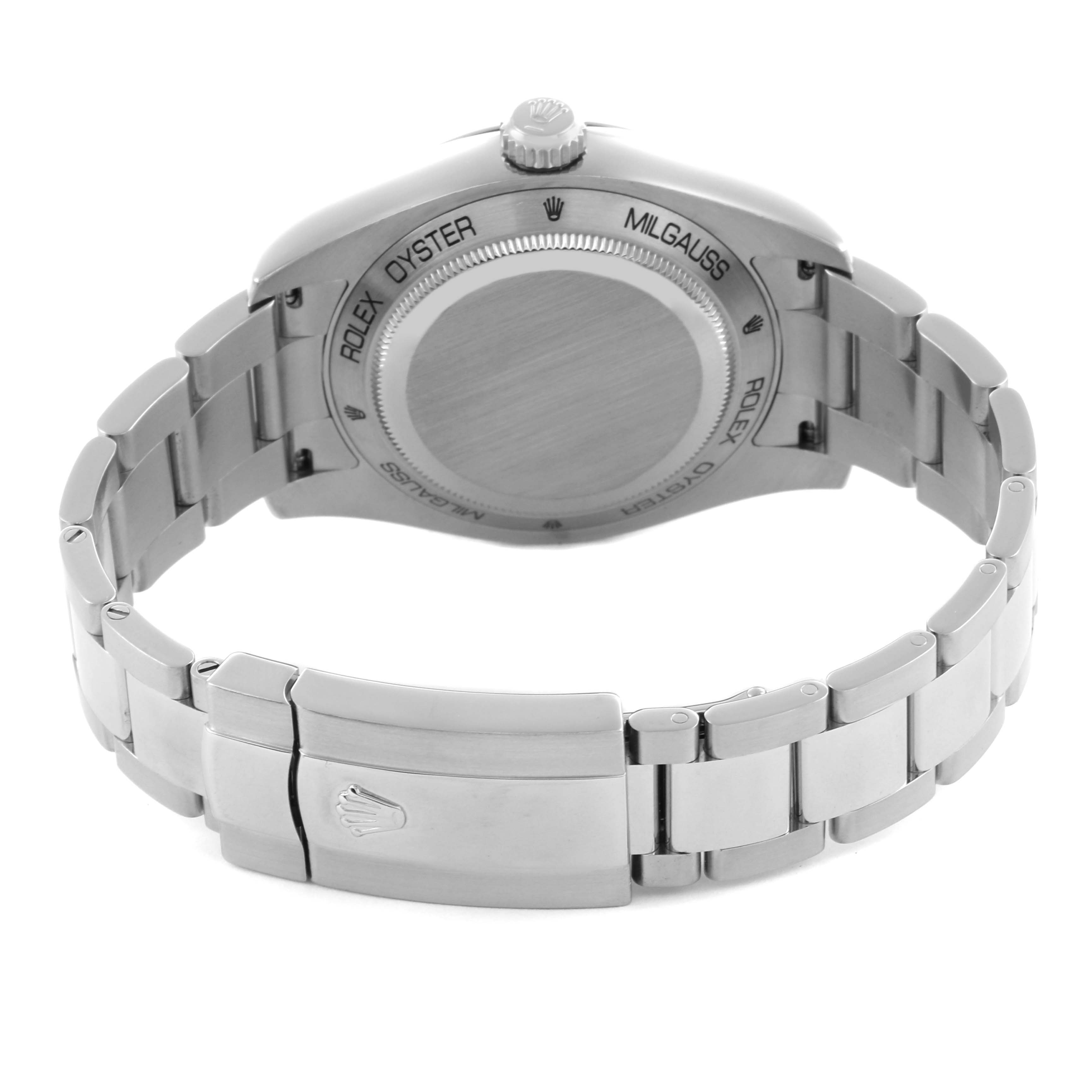 The image shows the back view of the Rolex Milgauss 116400GV Men's Stainless Steel Black Dial 116400GV Men's Stainless Steel Black Dial watch, highlighting the bracelet and clasp.