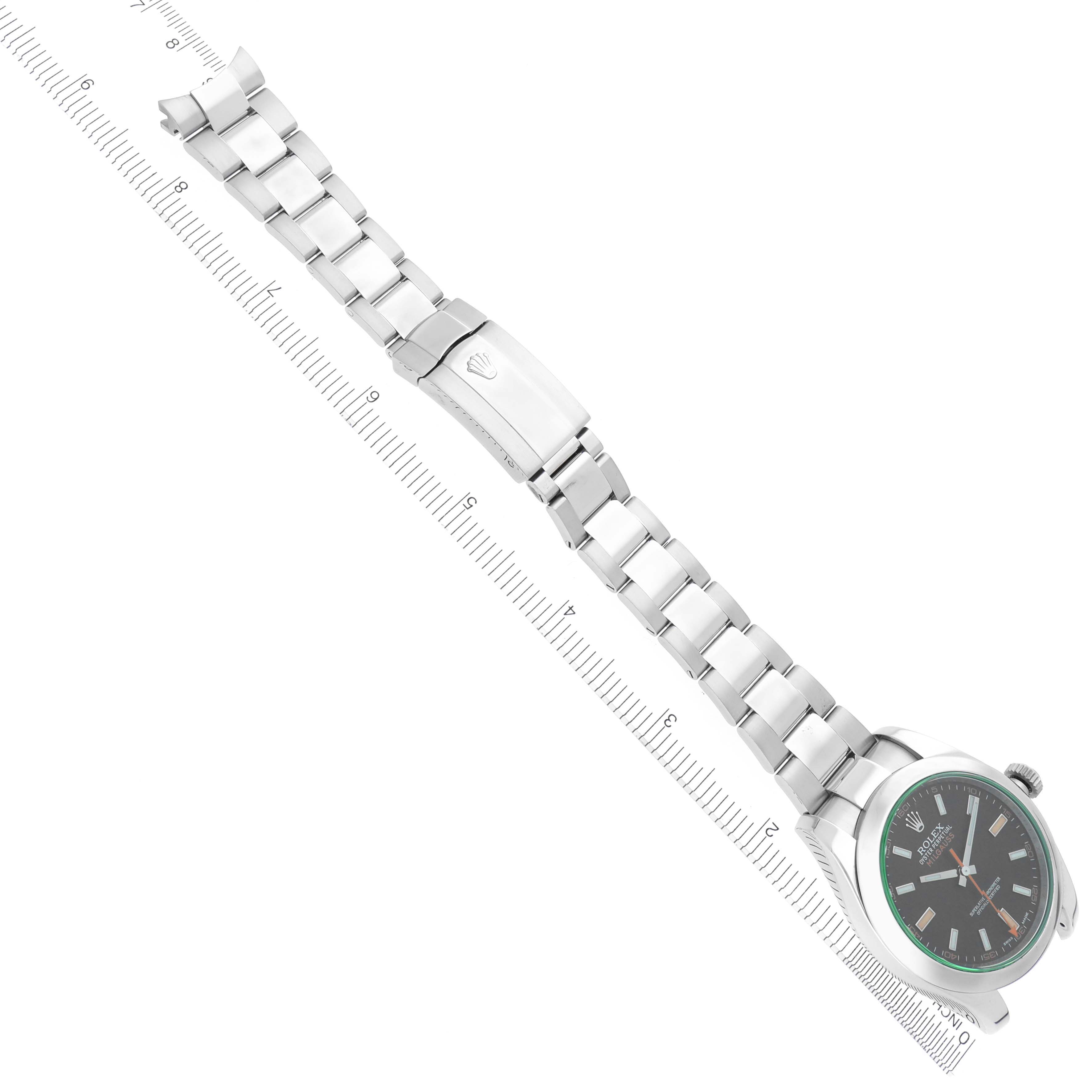 The Rolex Milgauss 116400GV Men's Stainless Steel Black Dial 116400GV Men's Stainless Steel Black Dial watch is shown diagonally with the face, bracelet, and clasp visible.