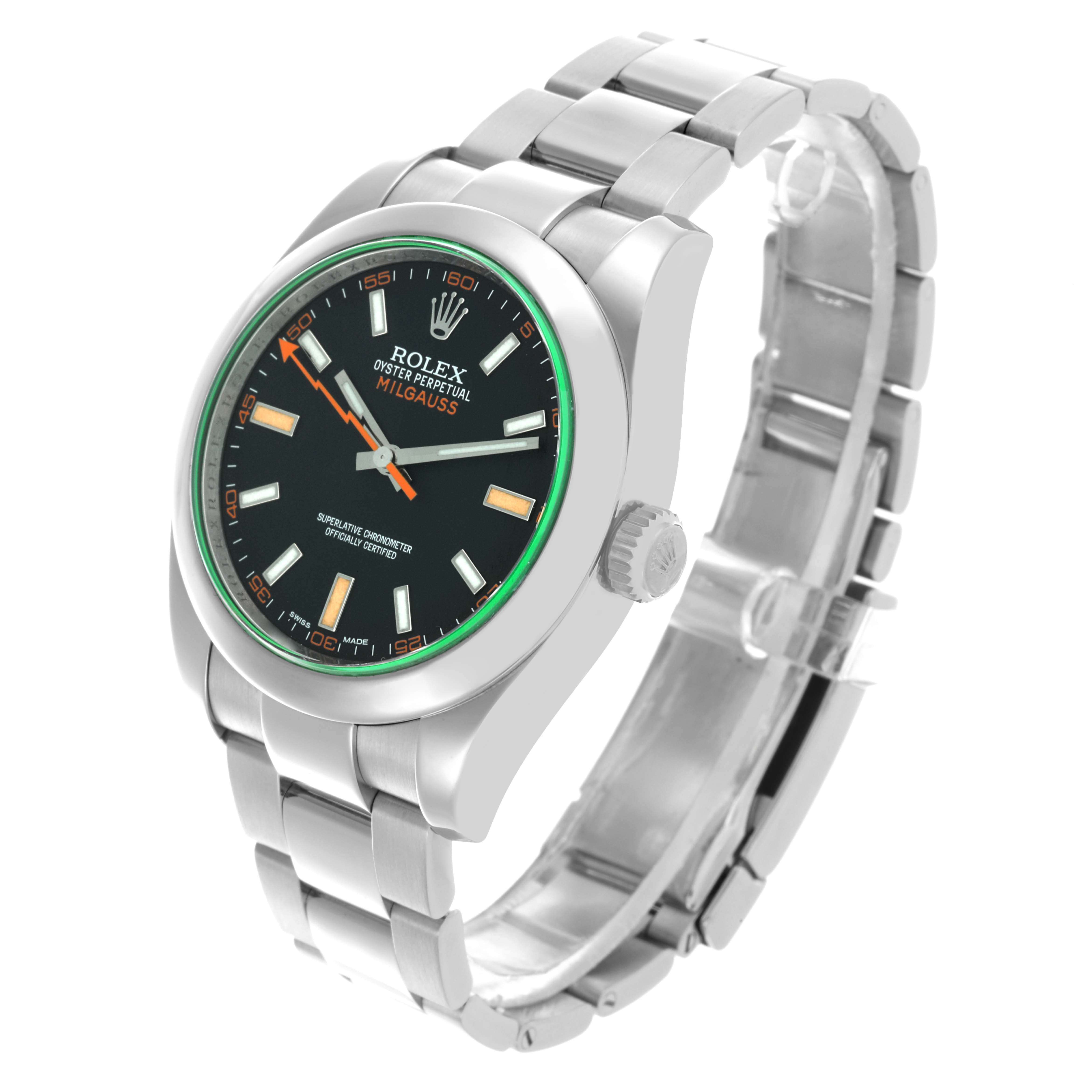 The Rolex Milgauss 116400GV Men's Stainless Steel Black Dial 116400GV Men's Stainless Steel Black Dial watch is shown at an angled side view, displaying the face, bezel, and bracelet.