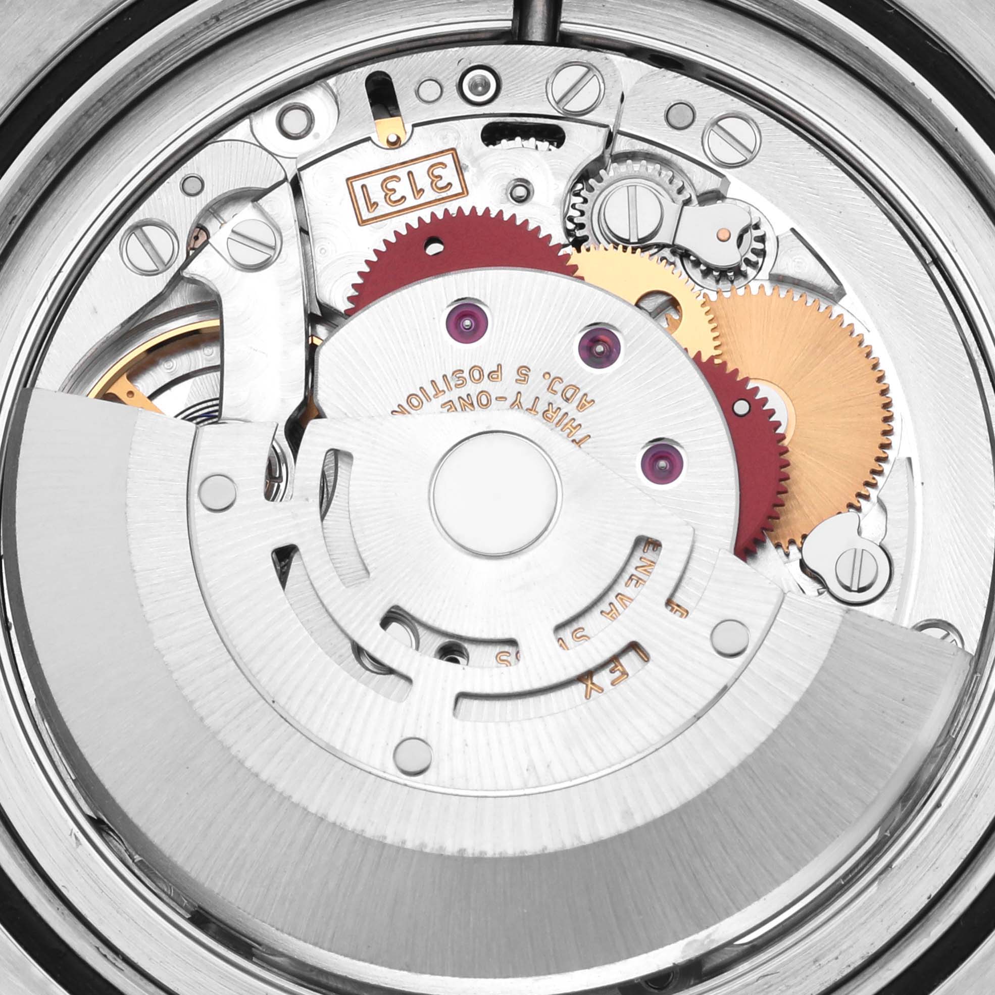 The image shows the movement of a Rolex Milgauss 116400GV Men's Stainless Steel Black Dial 116400GV Men's Stainless Steel Black Dial watch, highlighting gears and intricate mechanisms from a close-up angle.
