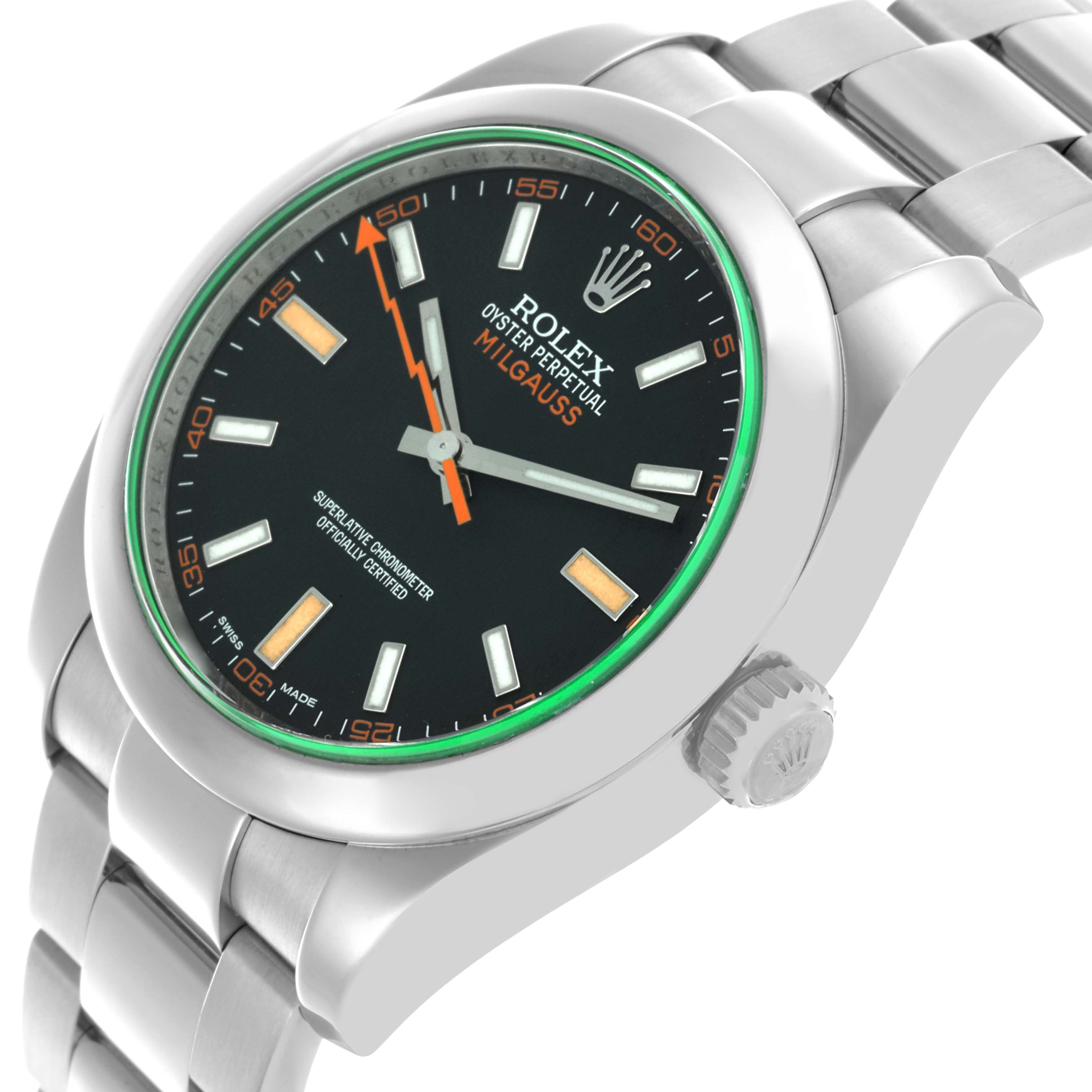 The image shows a Rolex Milgauss 116400GV Men's Stainless Steel Black Dial 116400GV Men's Stainless Steel Black Dial watch at a slight angle, featuring the face, bezel, bracelet, and crown.