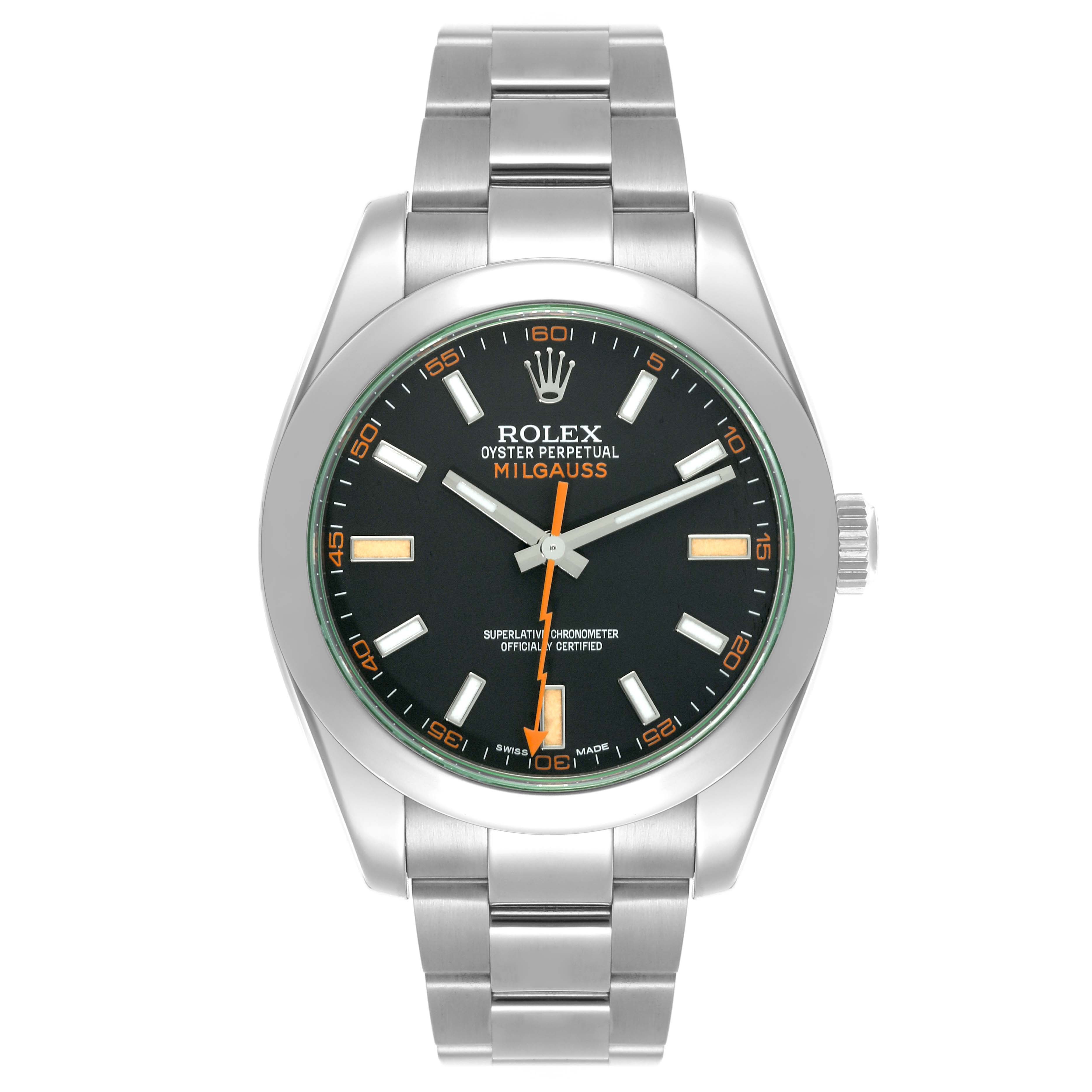 The Rolex Milgauss 116400GV Men's Stainless Steel Black Dial 116400GV Men's Stainless Steel Black Dial watch is shown from a front angle, displaying the dial, case, and part of the bracelet.