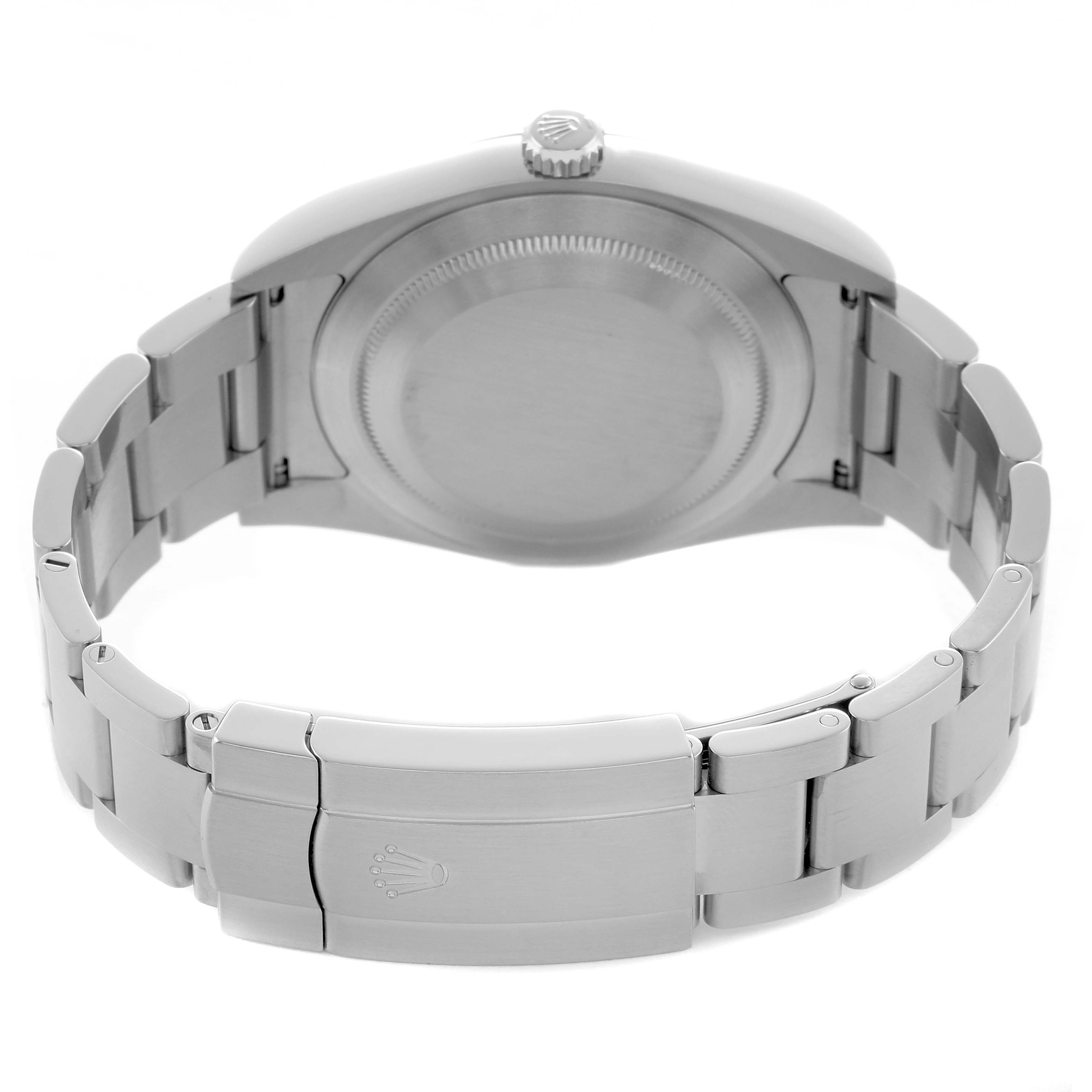 The image shows the back and bracelet of a Rolex Oyster Perpetual 114300 Men's Stainless Steel Grey Dial watch, highlighting the clasp and case back.