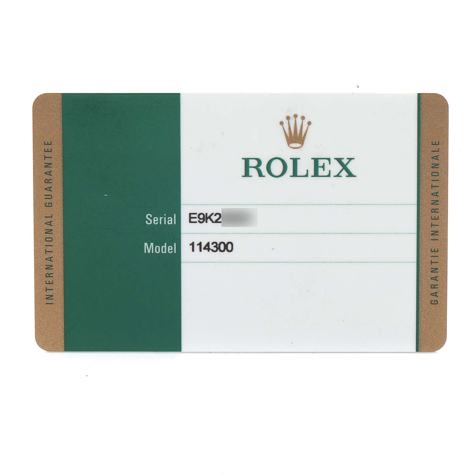 This image shows the international guarantee card for the Rolex Oyster Perpetual 114300 Men's Stainless Steel Grey Dial model 114300.