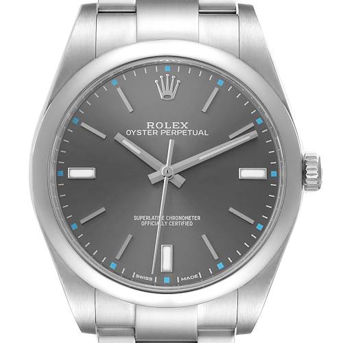 The image shows a front view of the Rolex Oyster Perpetual 114300 Men's Stainless Steel Grey Dial watch, highlighting the dial, bezel, crown, and part of the bracelet.