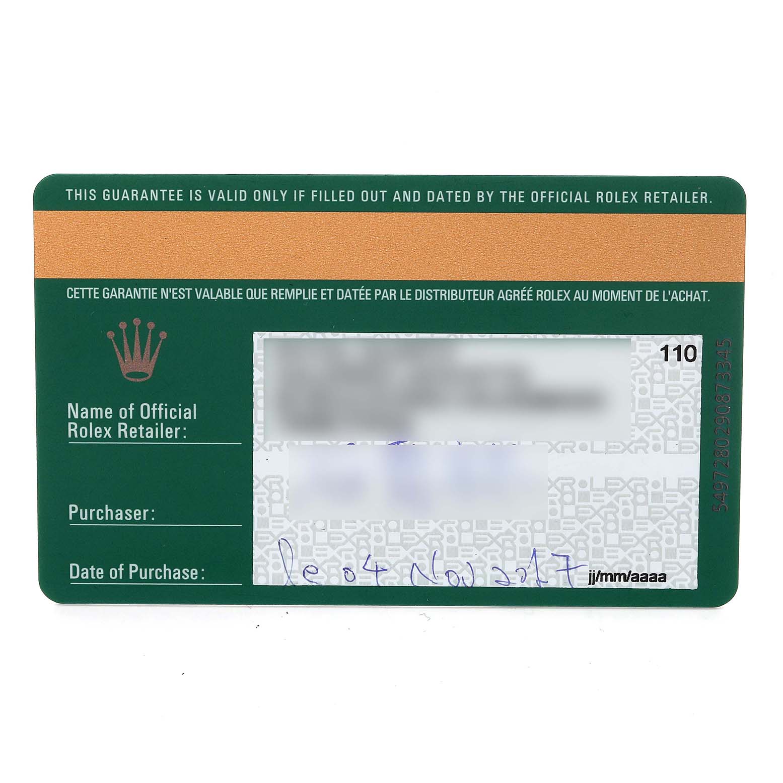 The image shows a guarantee card for the Rolex Oyster Perpetual 114300 Men's Stainless Steel Grey Dial watch.