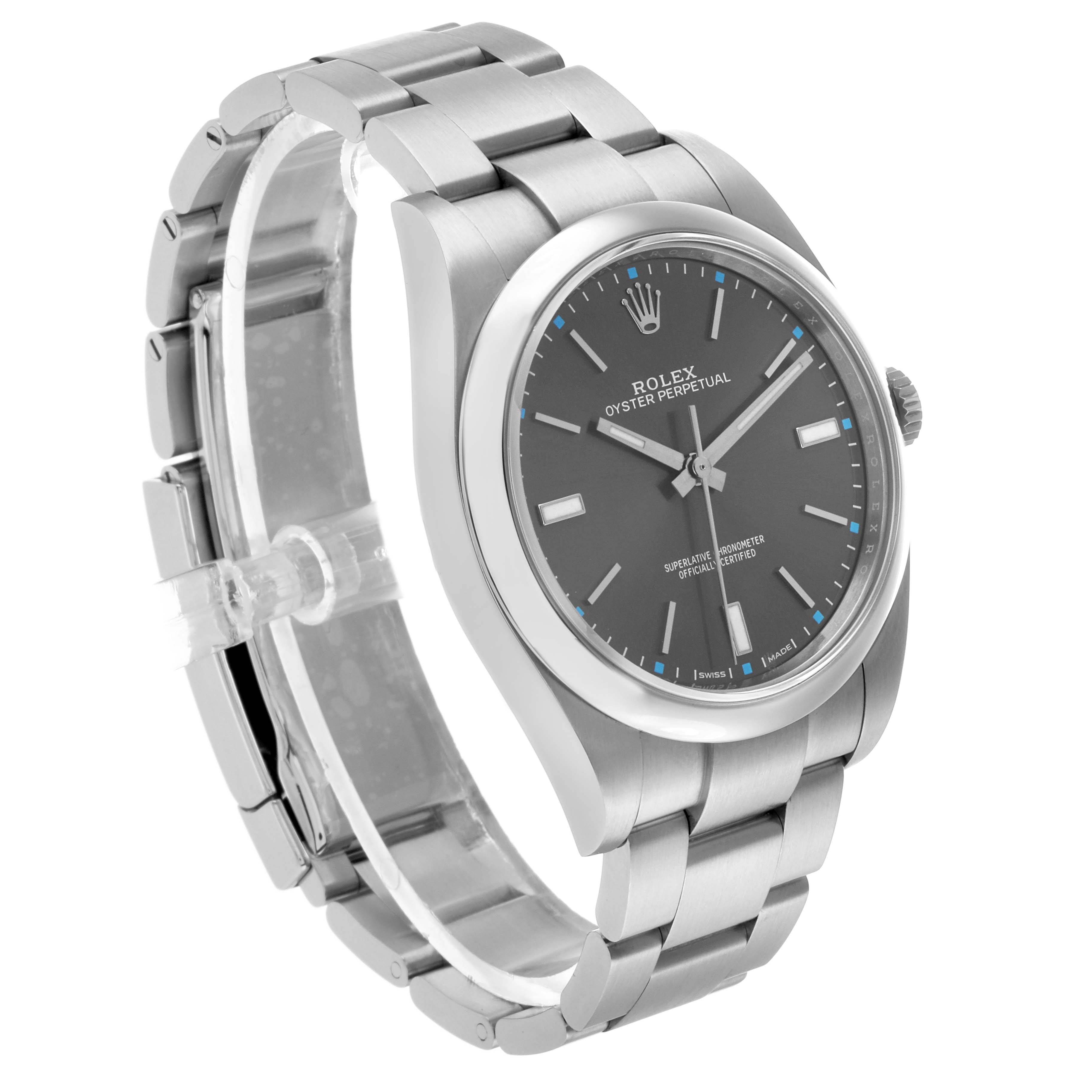 The Rolex Oyster Perpetual 114300 Men's Stainless Steel Grey Dial watch is shown at a slight angle, highlighting the face, bracelet, and crown.