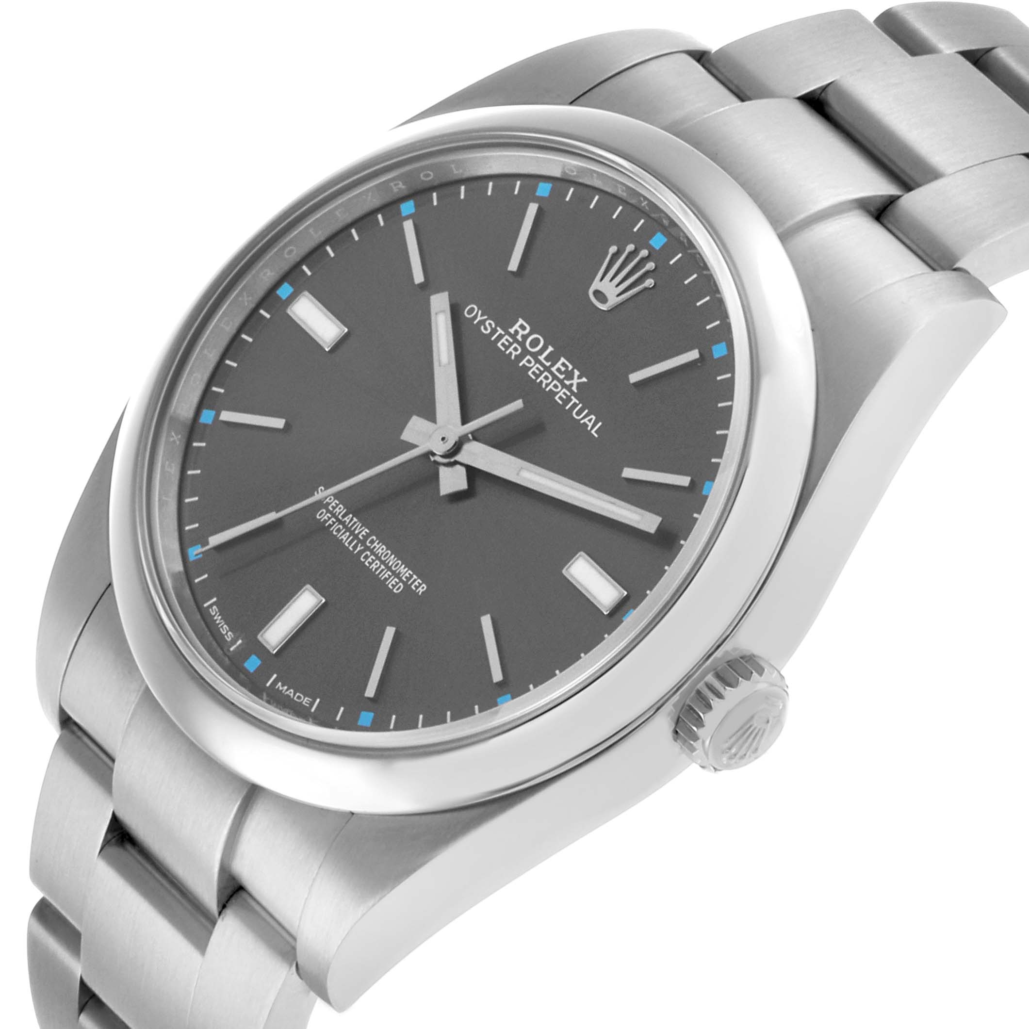The Rolex Oyster Perpetual 114300 Men's Stainless Steel Grey Dial watch is shown at a tilted angle highlighting the dial, crown, and part of the bracelet.