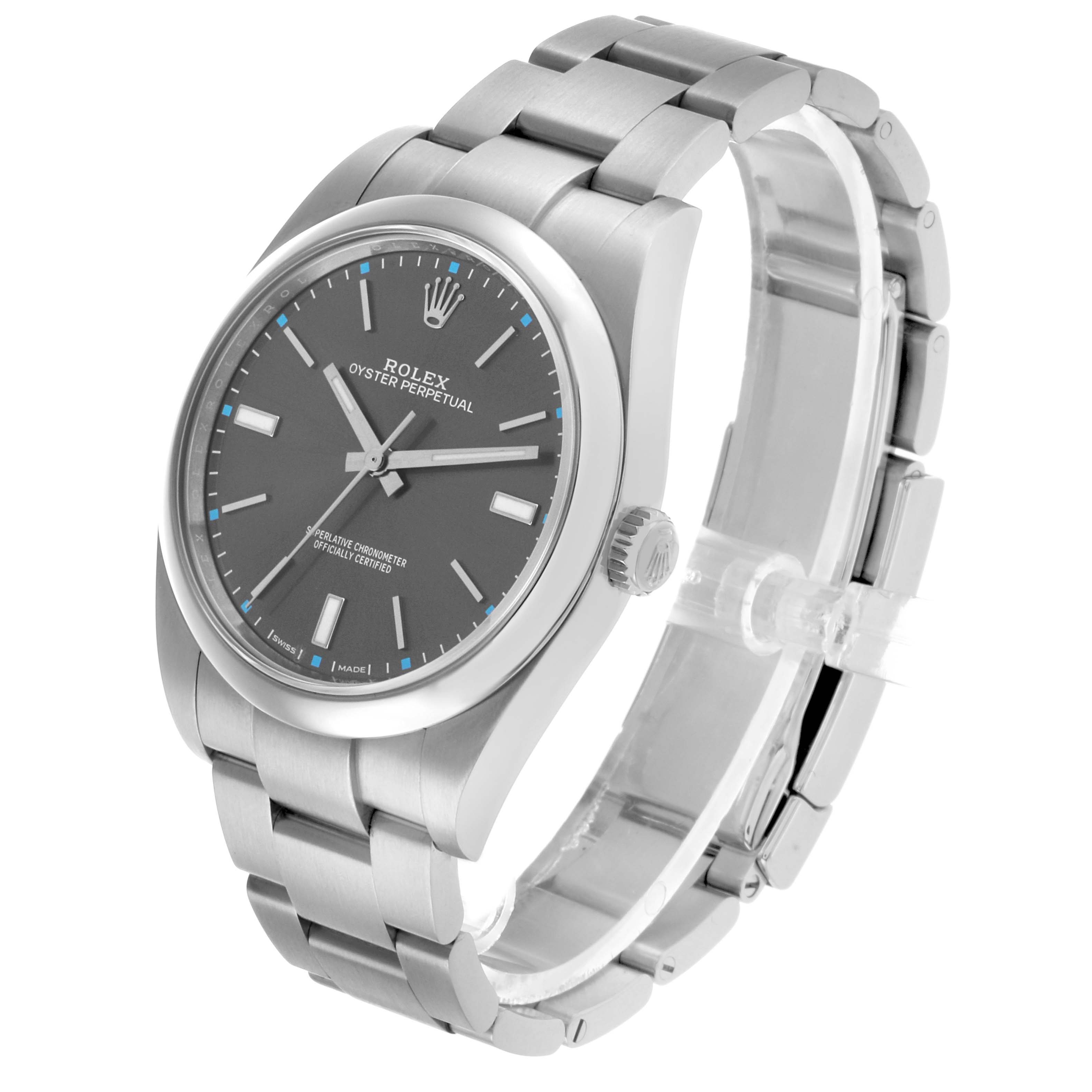 The Rolex Oyster Perpetual 114300 Men's Stainless Steel Grey Dial watch is shown at a three-quarter angle, highlighting the watch face, bezel, bracelet, and crown.