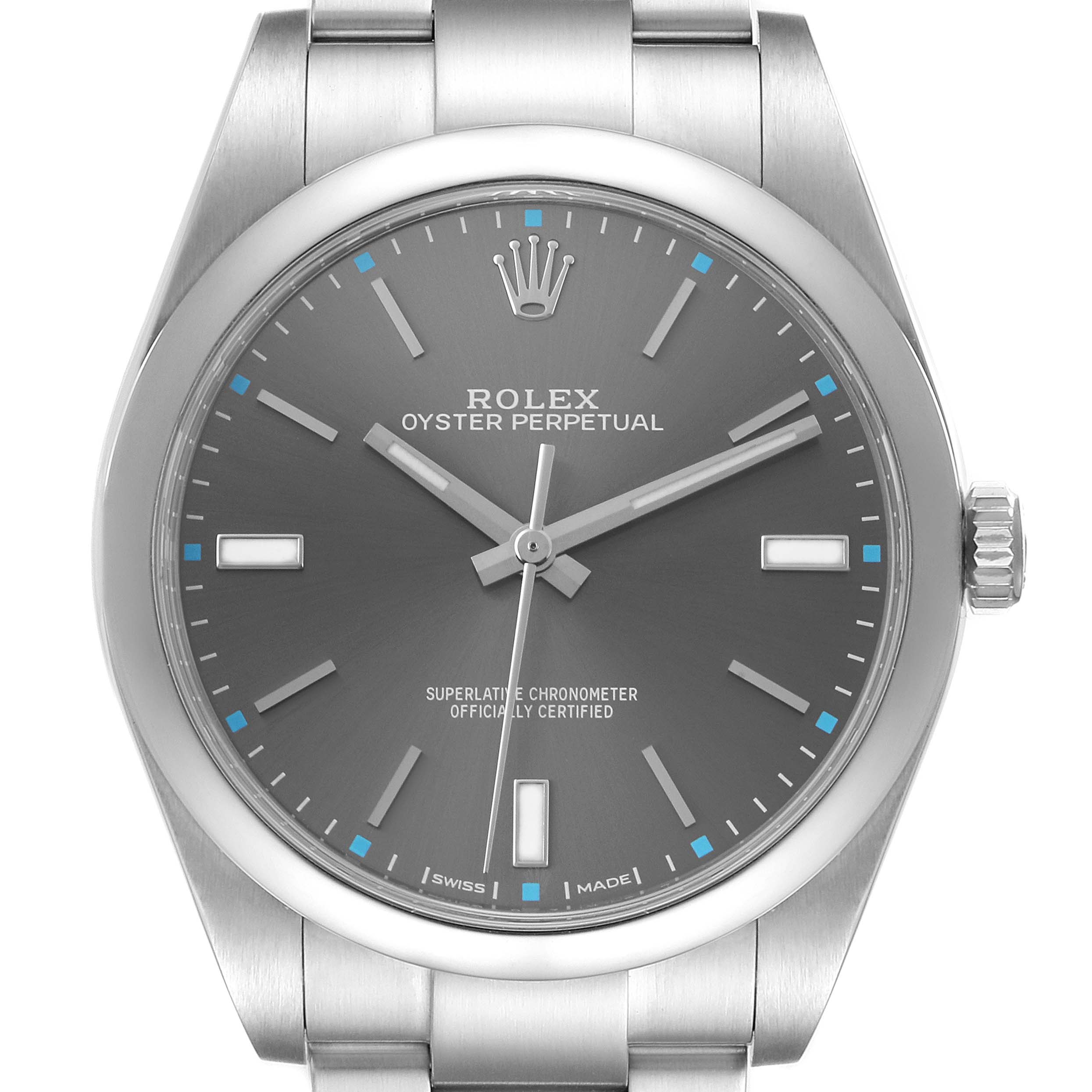 The Rolex Oyster Perpetual 114300 Men's Stainless Steel Grey Dial watch is shown from the front, displaying its dial, hour markers, hands, and crown.