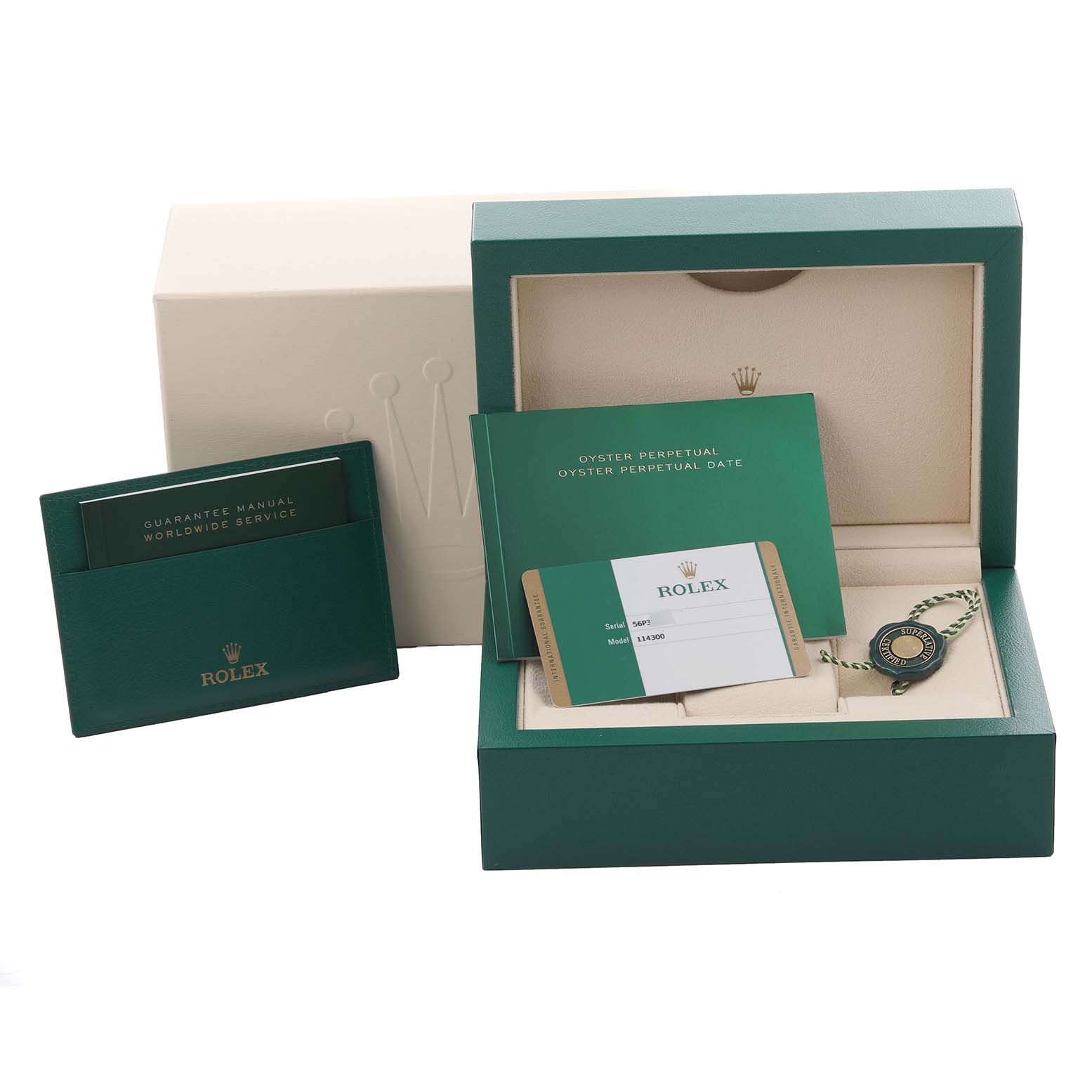 The image shows a Rolex Oyster Perpetual 114300 Men's Stainless Steel Silver Dial 114300 Men's Stainless Steel Silver Dial box with warranty cards and a manual at a frontal angle.