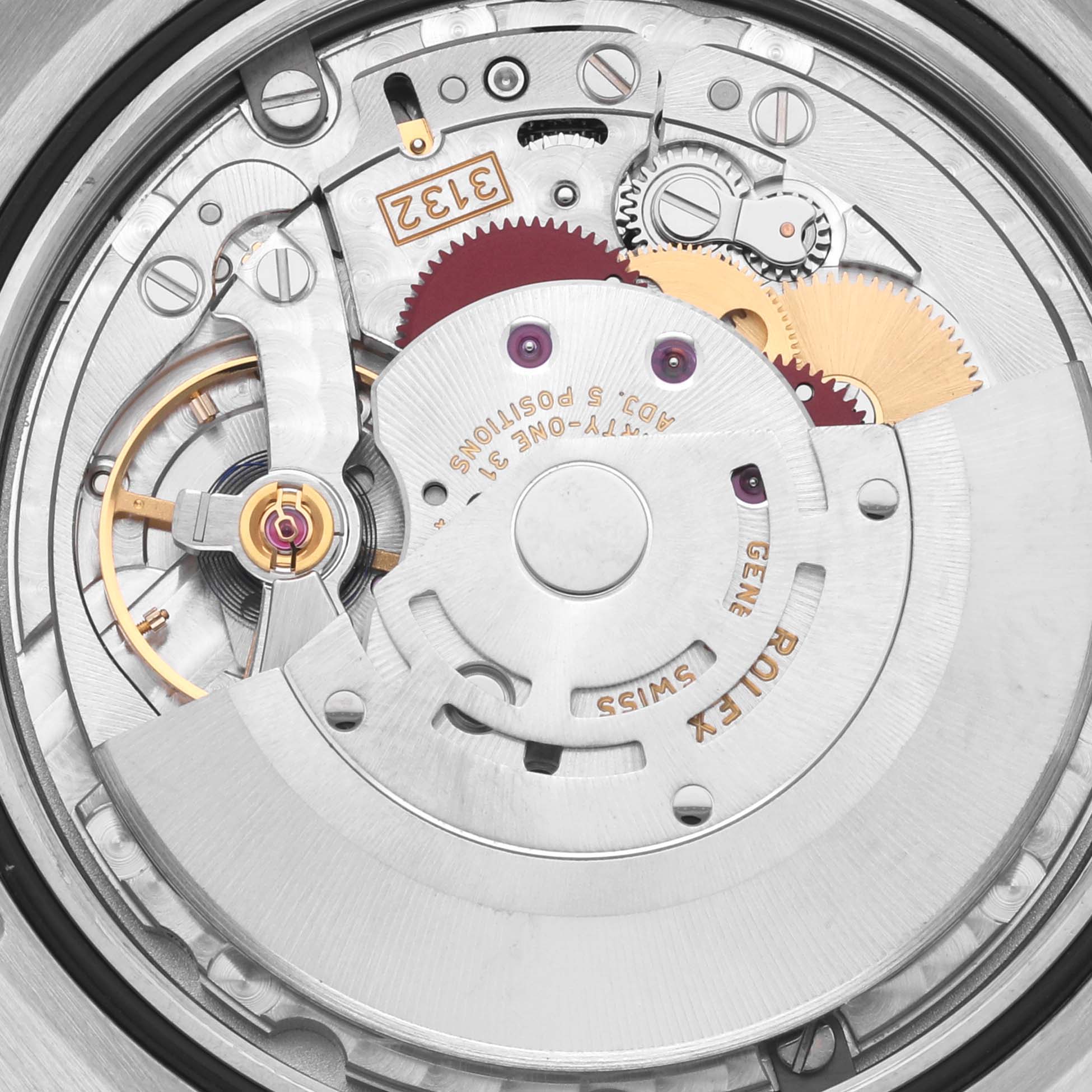 The Rolex Oyster Perpetual 114300 Men's Stainless Steel Silver Dial 114300 Men's Stainless Steel Silver Dial watch is shown from the back, highlighting its internal movement and gears.