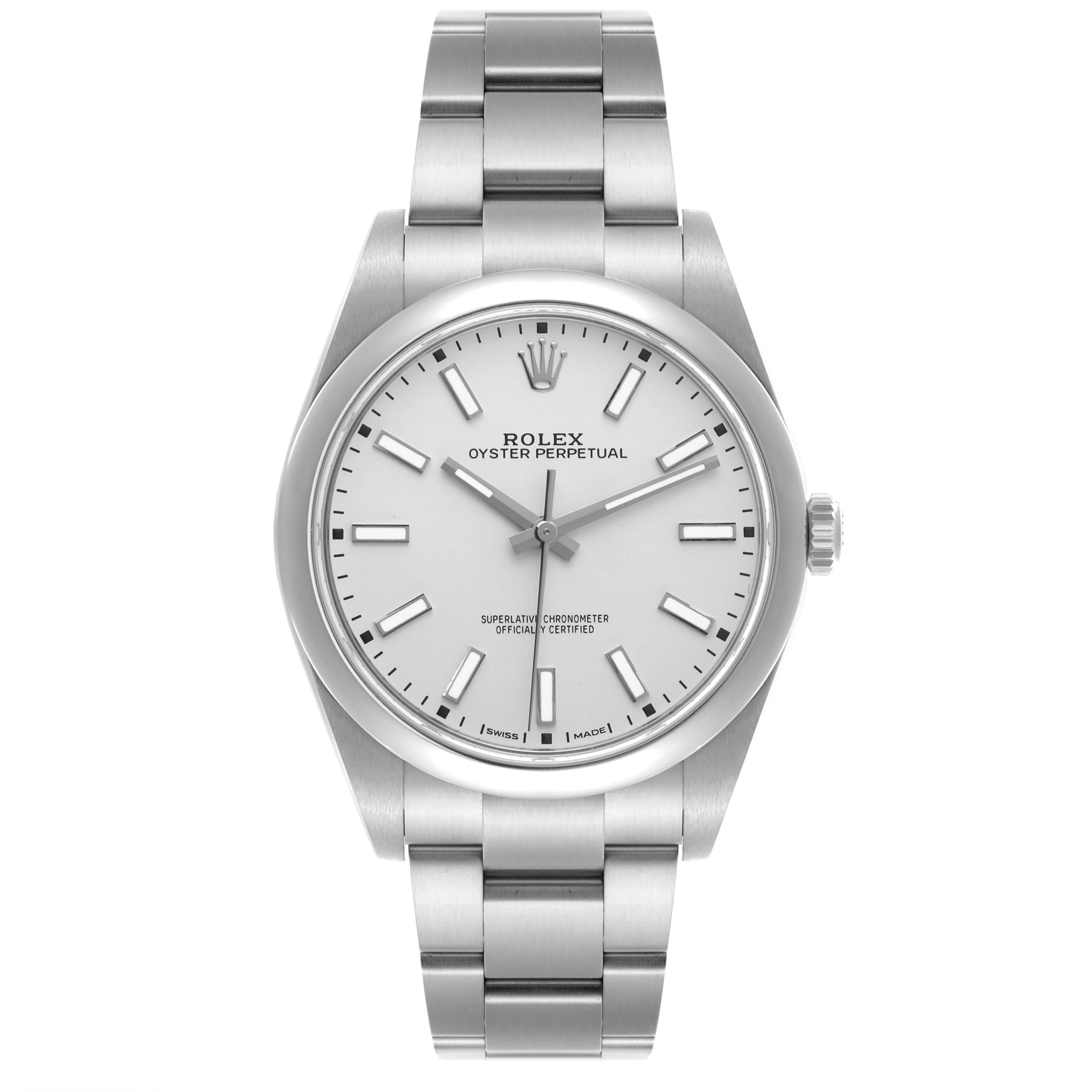The Rolex Oyster Perpetual 114300 Men's Stainless Steel Silver Dial 114300 Men's Stainless Steel Silver Dial watch is shown from a front angle, displaying its dial, case, bracelet, and crown.