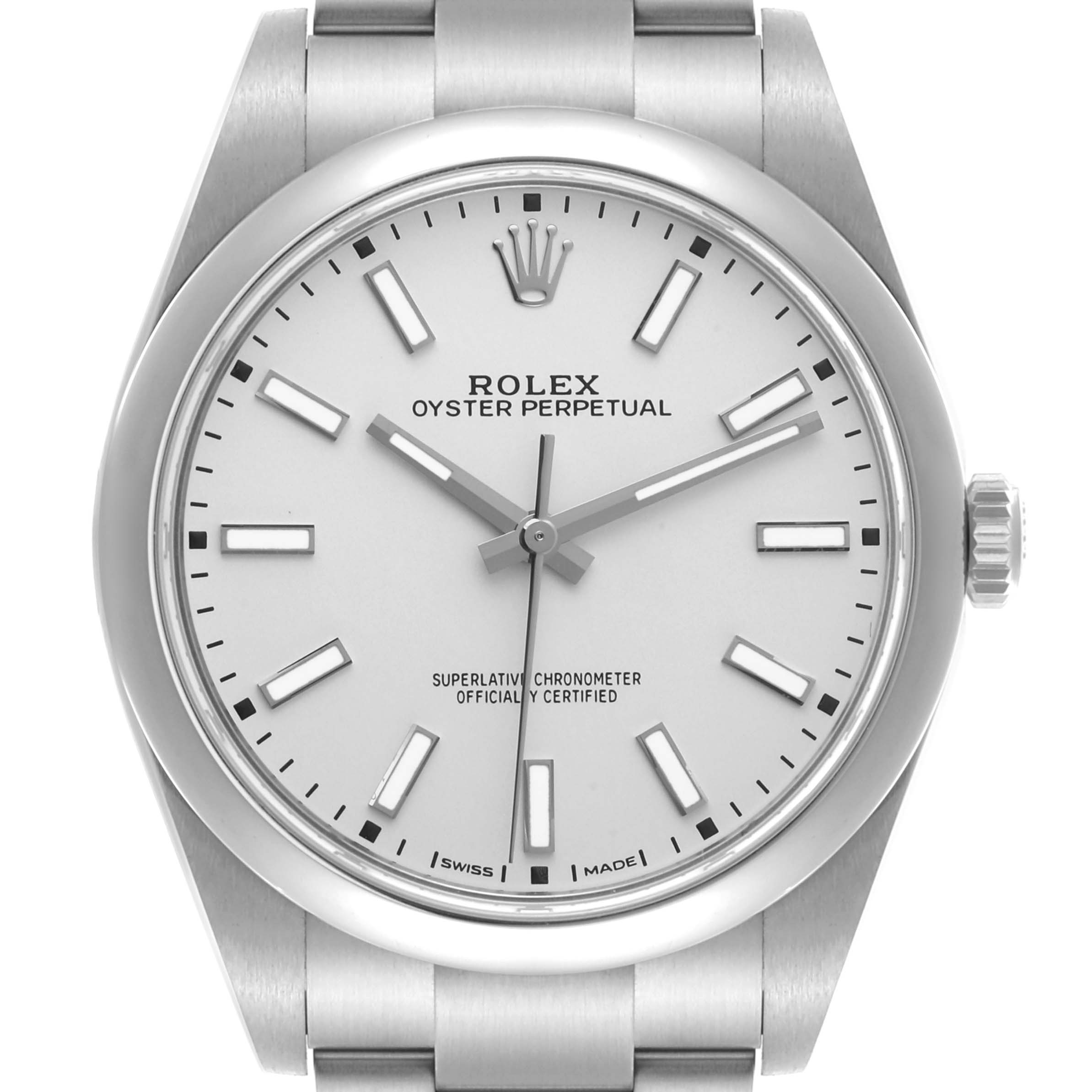 The image shows a front view of the Rolex Oyster Perpetual 114300 Men's Stainless Steel Silver Dial 114300 Men's Stainless Steel Silver Dial watch face, bezel, and part of its bracelet.