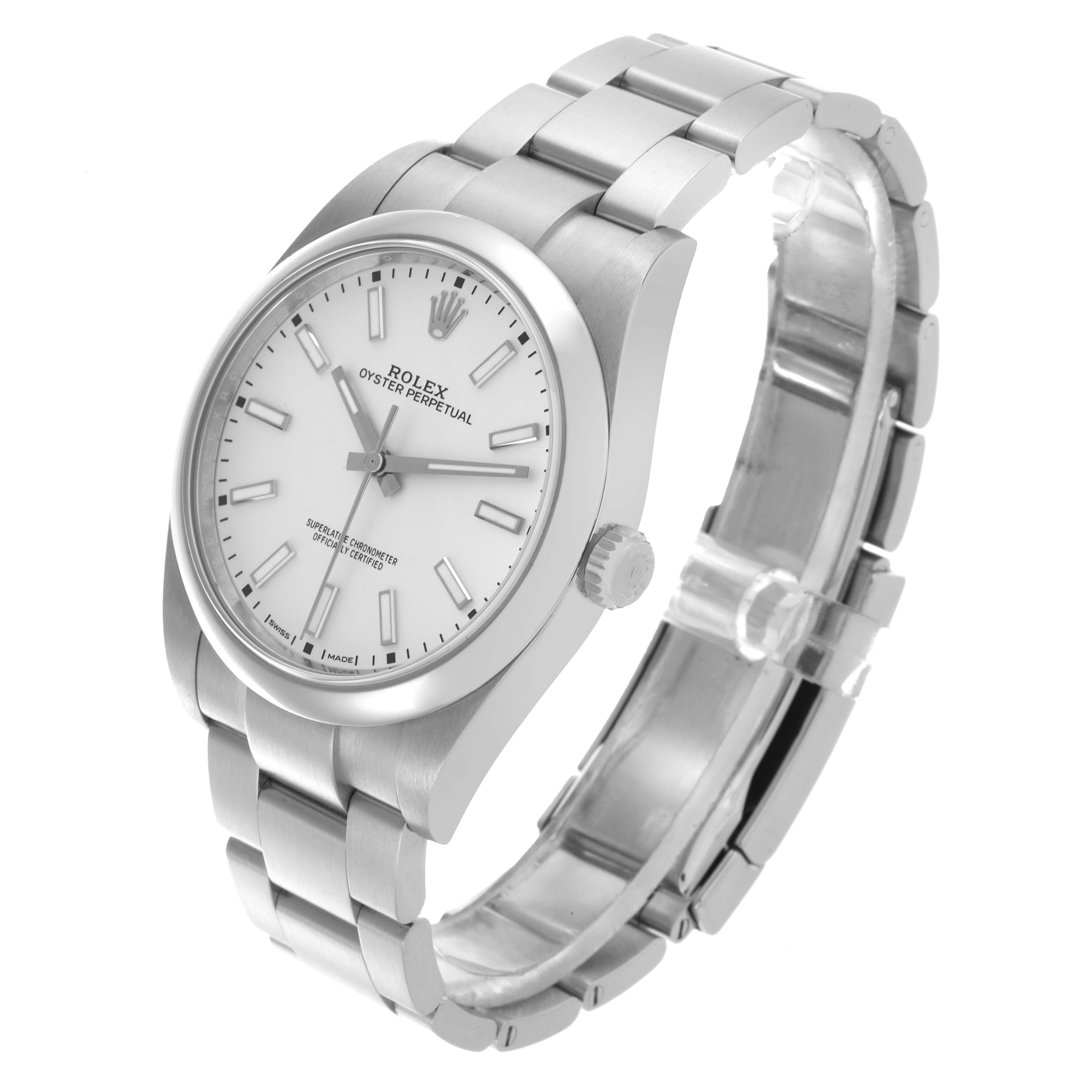 The Rolex Oyster Perpetual 114300 Men's Stainless Steel Silver Dial 114300 Men's Stainless Steel Silver Dial watch is shown at a three-quarter angle, highlighting the face, bezel, and bracelet.