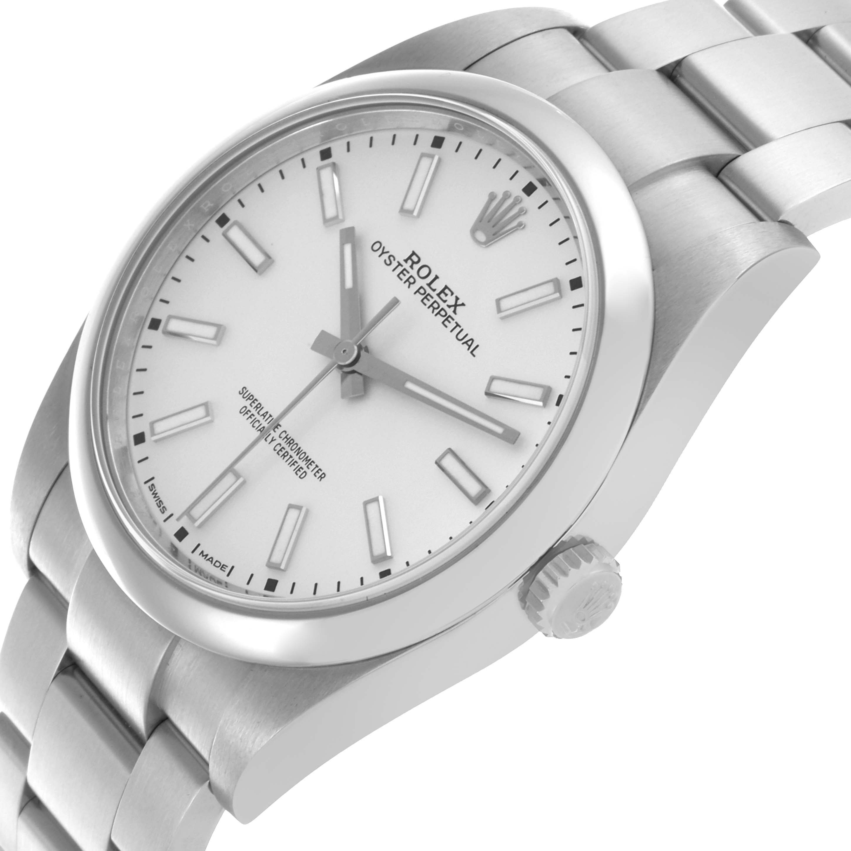 The Rolex Oyster Perpetual 114300 Men's Stainless Steel Silver Dial 114300 Men's Stainless Steel Silver Dial watch is shown at an angle highlighting the face, crown, and part of the bracelet.