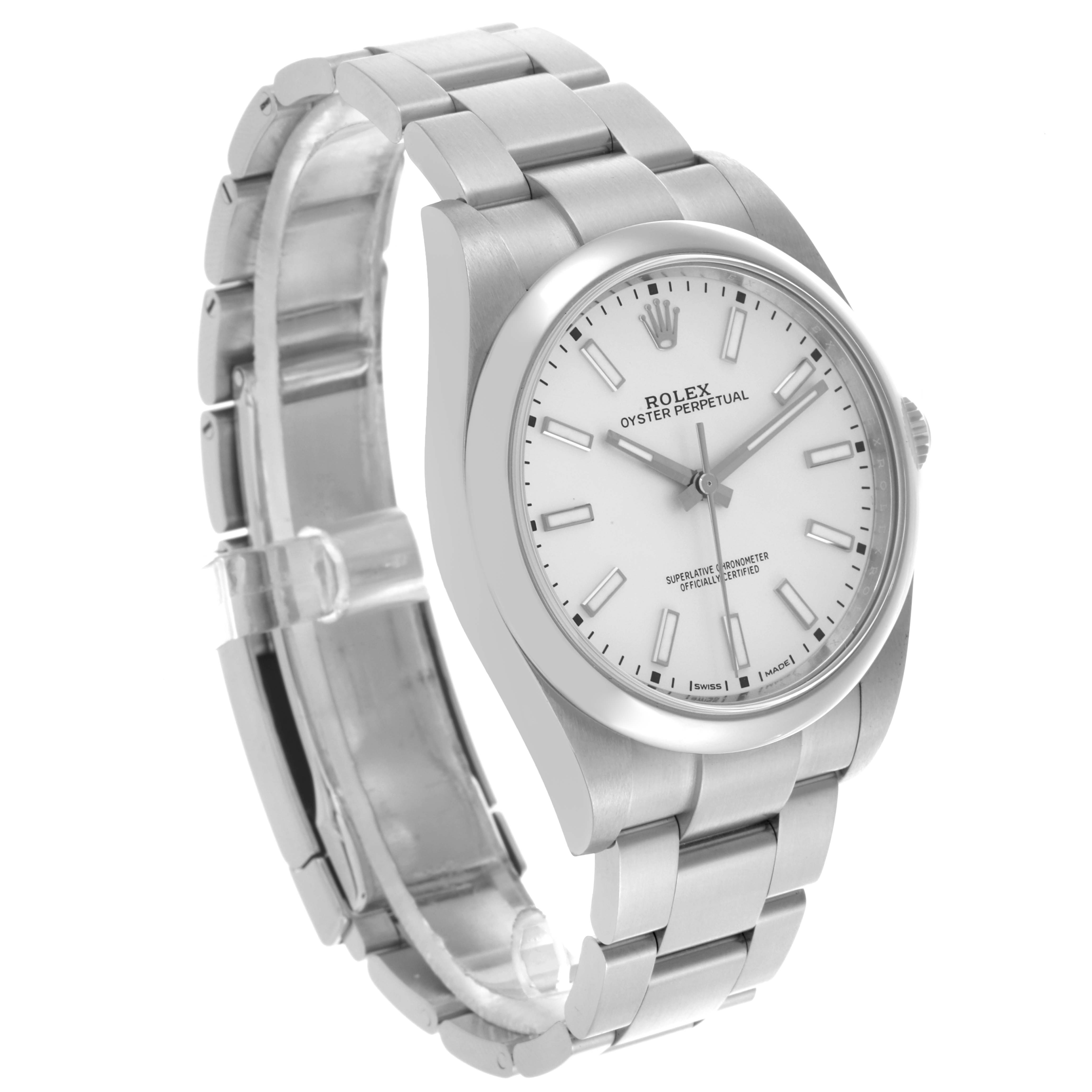 The Rolex Oyster Perpetual 114300 Men's Stainless Steel Silver Dial 114300 Men's Stainless Steel Silver Dial watch is shown at an angle highlighting the face, bezel, and part of the bracelet.