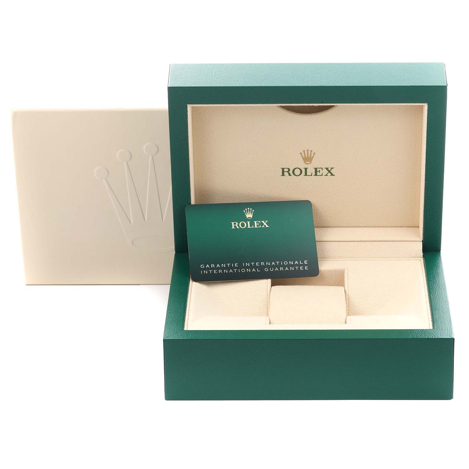 The image shows an open Rolex Oyster Perpetual 124300 Men's Stainless Steel Silver Dial 124300 Men's Stainless Steel Silver Dial watch box with a guarantee card.