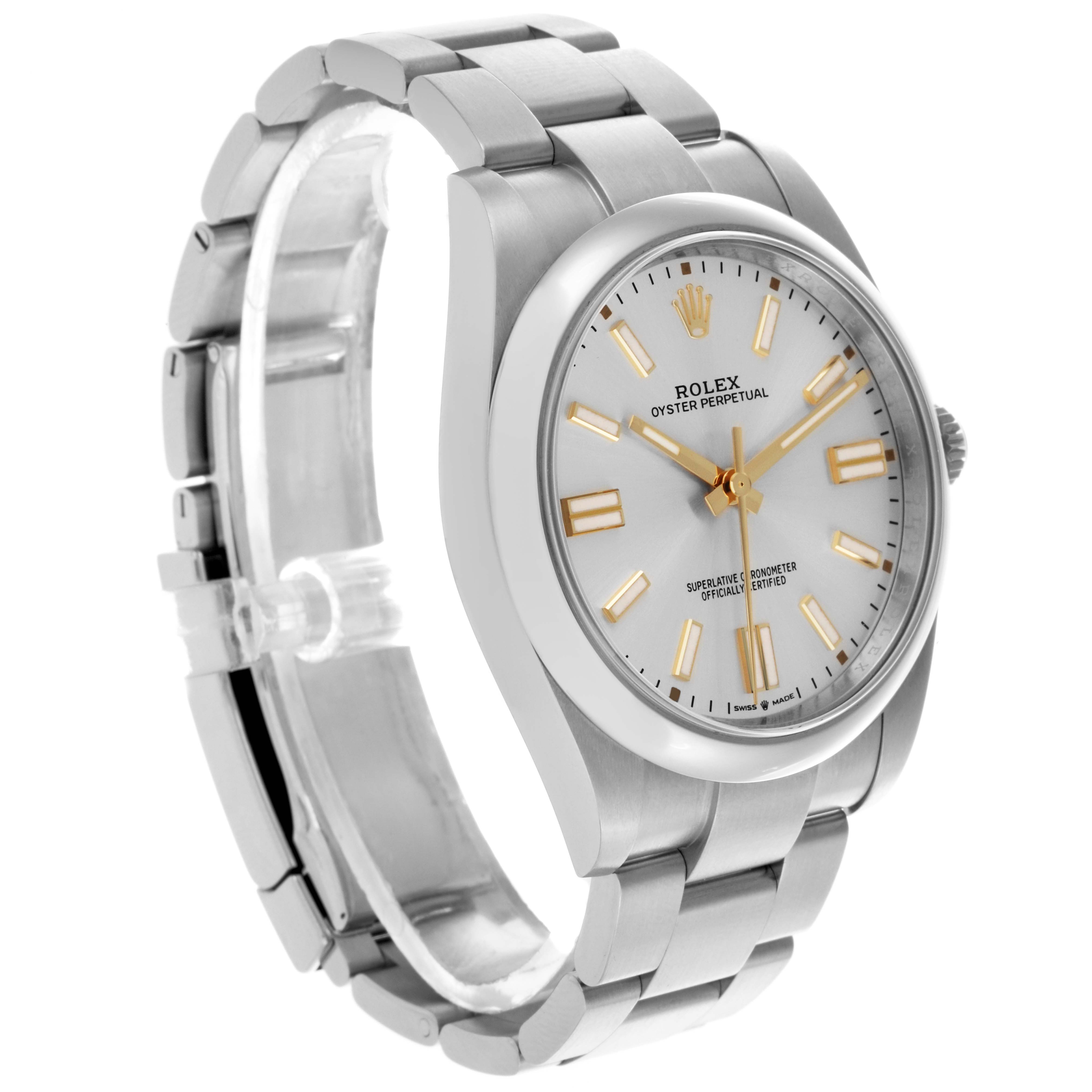 The Rolex Oyster Perpetual 124300 Men's Stainless Steel Silver Dial 124300 Men's Stainless Steel Silver Dial watch is shown at a three-quarter angle, highlighting the dial, bezel, and part of the bracelet.