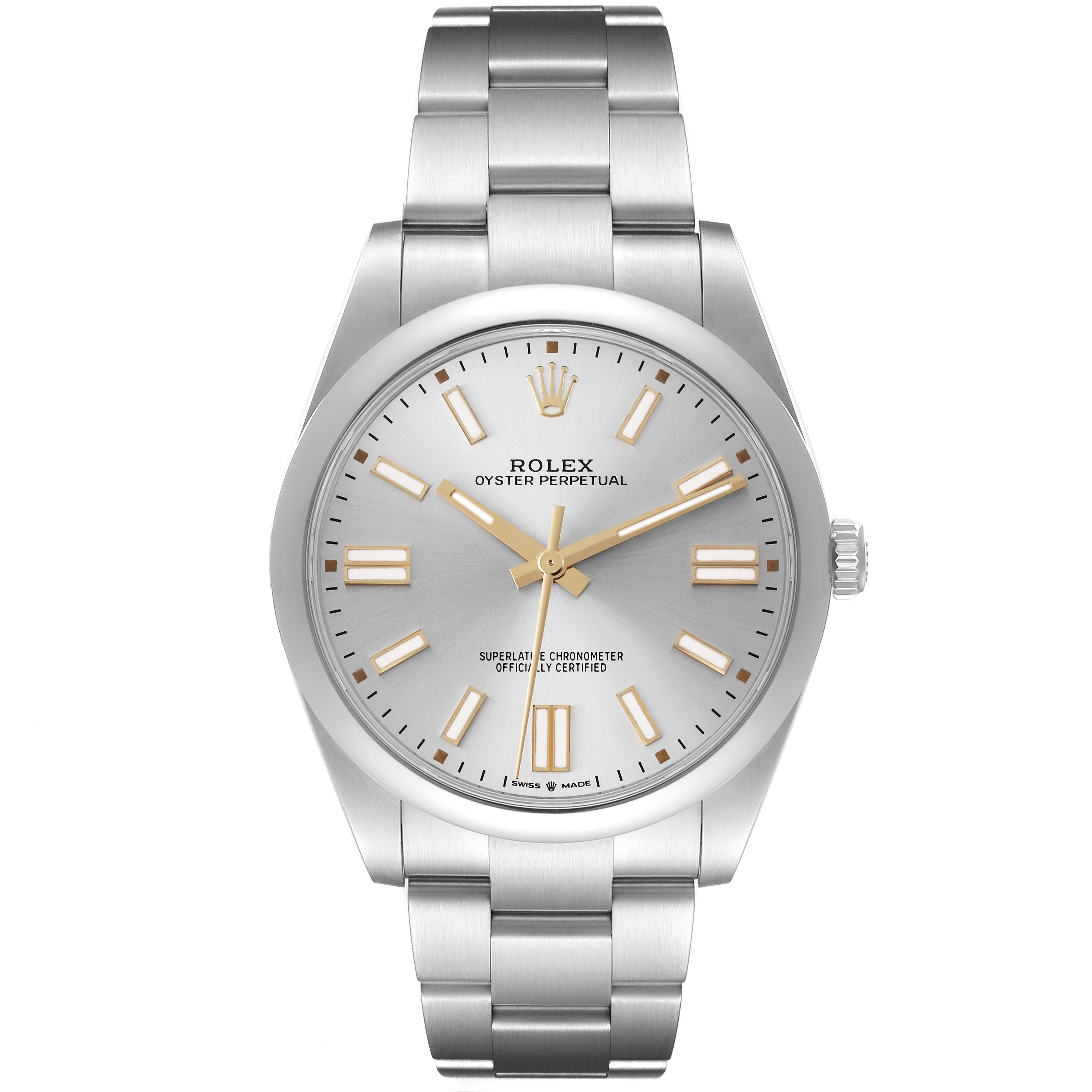 The Rolex Oyster Perpetual 124300 Men's Stainless Steel Silver Dial 124300 Men's Stainless Steel Silver Dial watch is shown from a front angle, displaying its dial, hands, bezel, and bracelet.