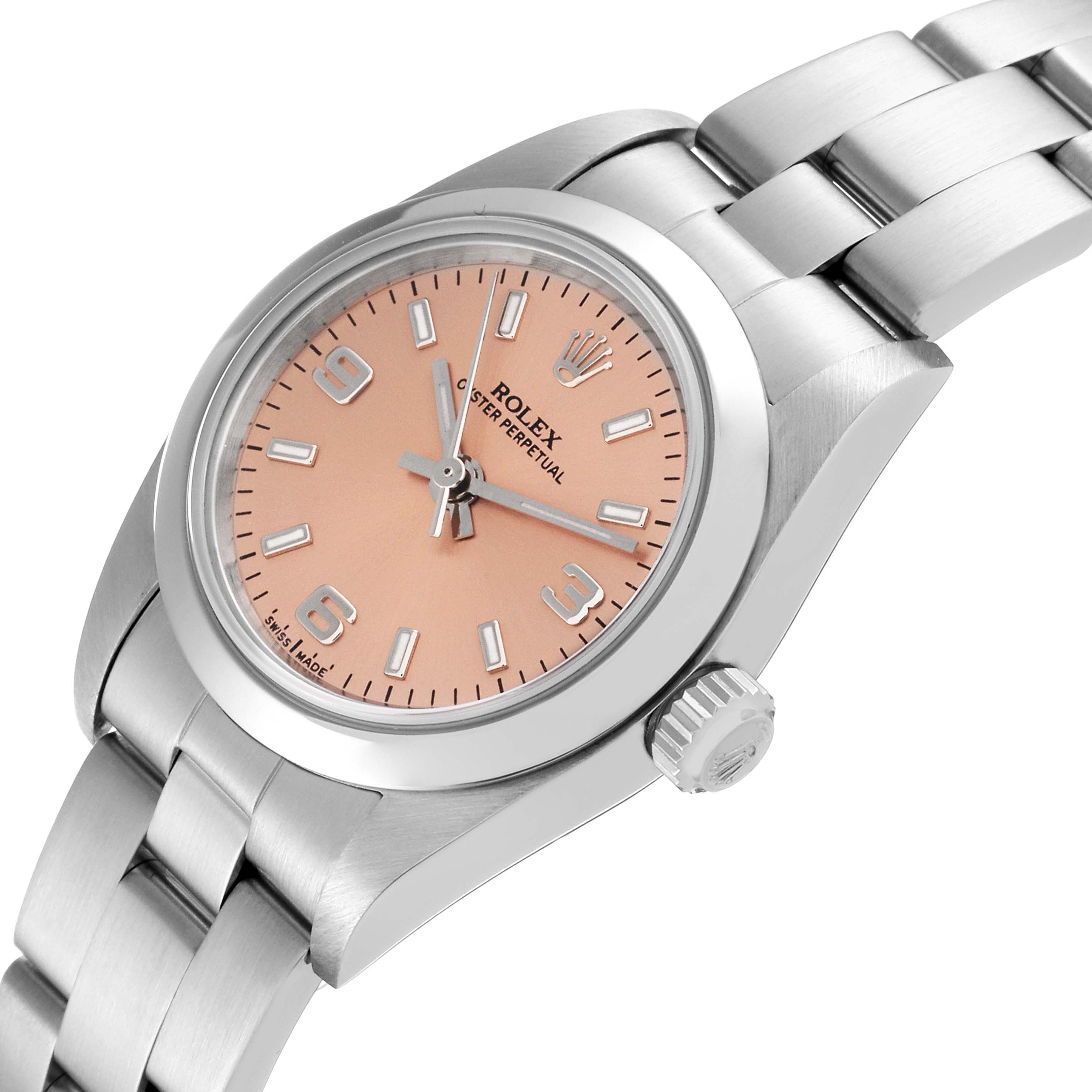 The image shows a Rolex Oyster Perpetual 76080 Women
s Stainless Steel Pink Dial 76080 Women
s Stainless Steel Pink Dial watch at an angled view highlighting the dial, case, crown, and part of the bracelet.