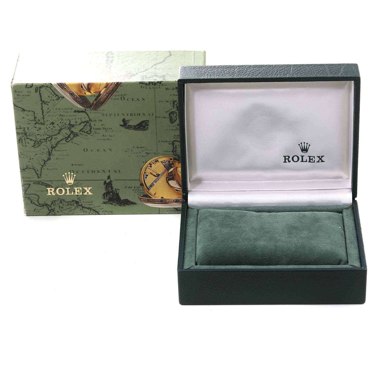 The image shows the empty box and case for a Rolex Oyster Perpetual 76080 Women
s Stainless Steel Pink Dial 76080 Women
s Stainless Steel Pink Dial watch, with the lid open to reveal the interior lining.