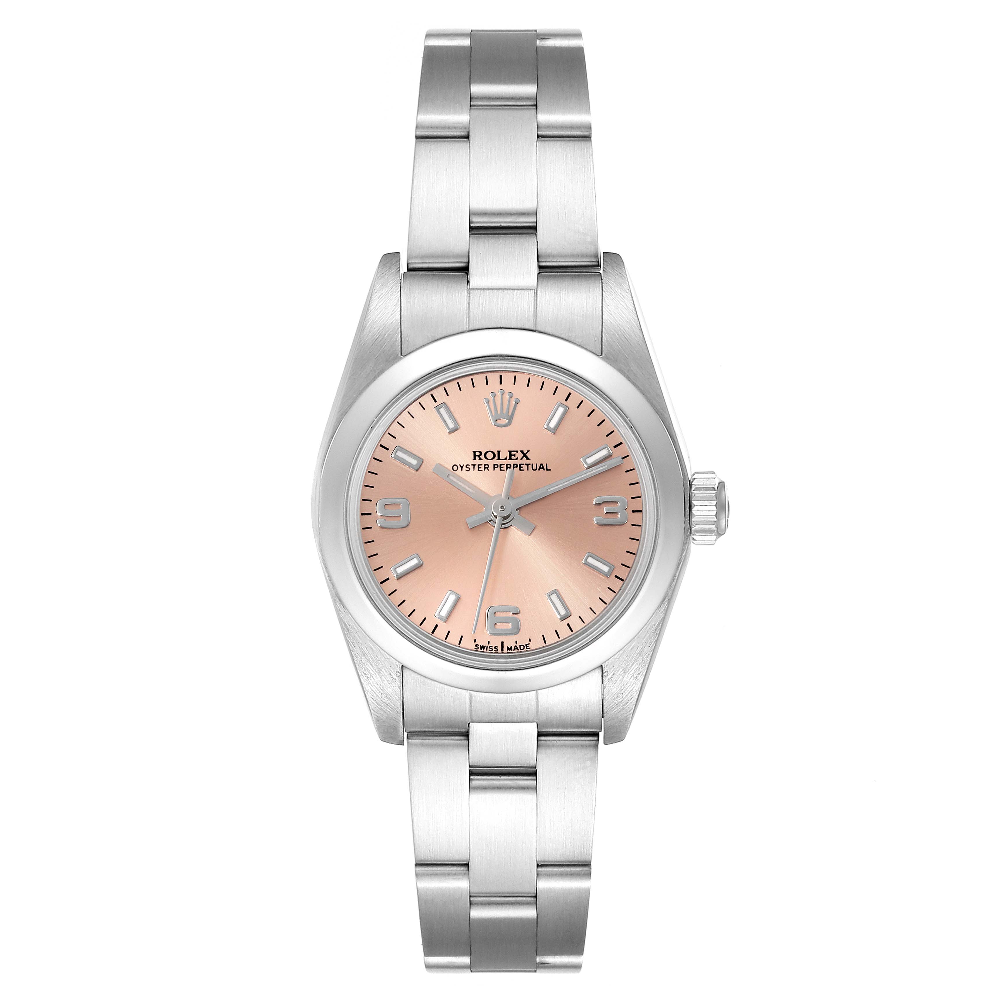 This image shows a front view of the Rolex Oyster Perpetual 76080 Women
s Stainless Steel Pink Dial 76080 Women
s Stainless Steel Pink Dial watch, displaying its face, bezel, and bracelet.