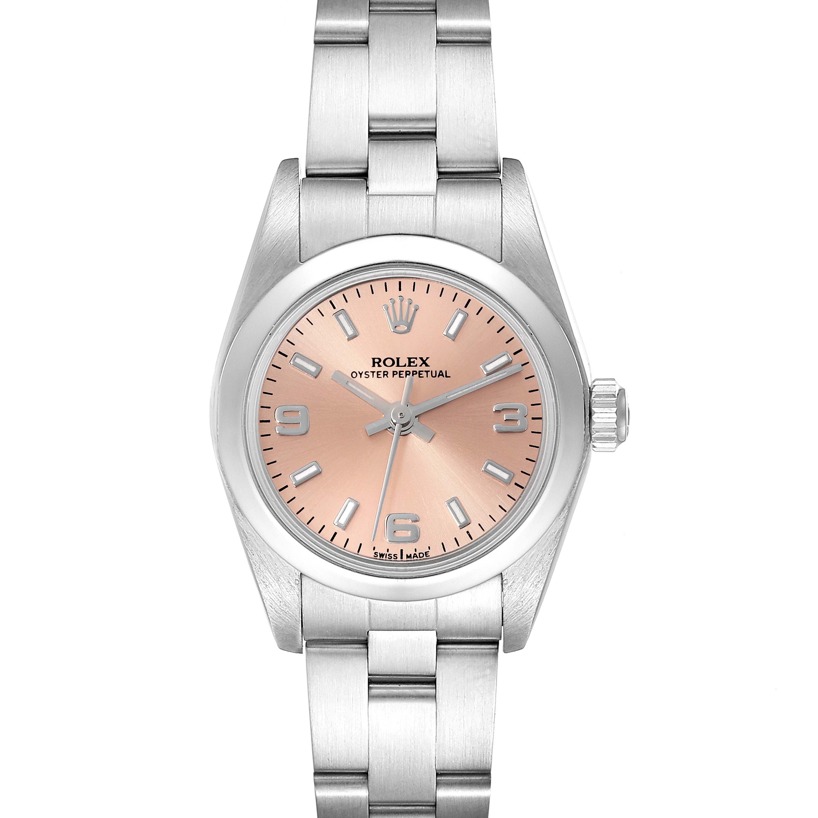 This image depicts a front view of a Rolex Oyster Perpetual 76080 Women
s Stainless Steel Pink Dial 76080 Women
s Stainless Steel Pink Dial watch with a silver bracelet and a pink dial.