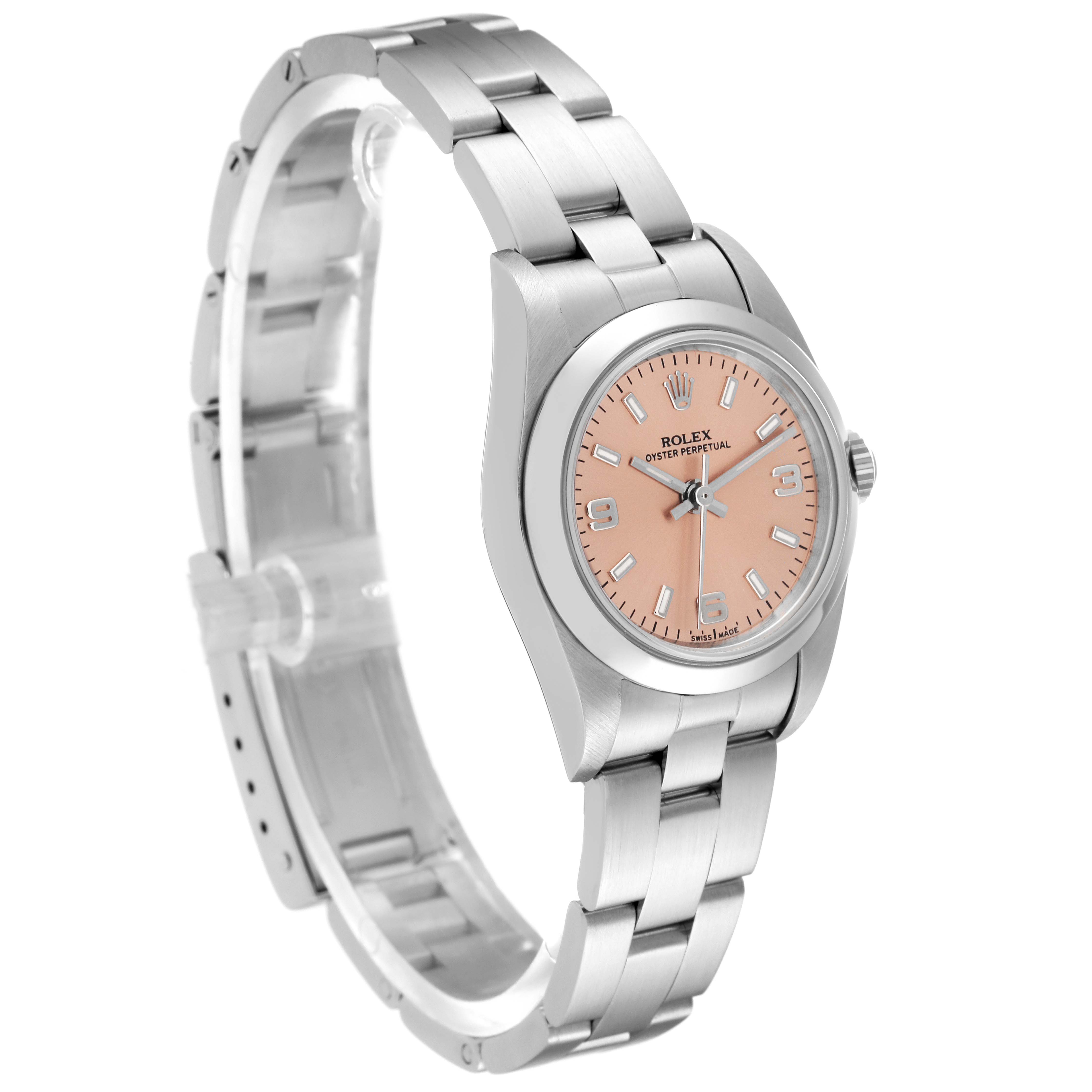 The Rolex Oyster Perpetual 76080 Women
s Stainless Steel Pink Dial 76080 Women
s Stainless Steel Pink Dial watch is shown at a three-quarter angle, displaying its bracelet, case, and peach dial.