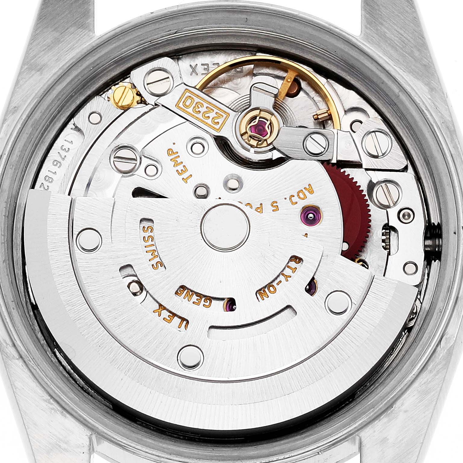 The image shows an inside angle of a Rolex Oyster Perpetual 76080 Women
s Stainless Steel Pink Dial 76080 Women
s Stainless Steel Pink Dial watch, highlighting its intricate mechanical movement.