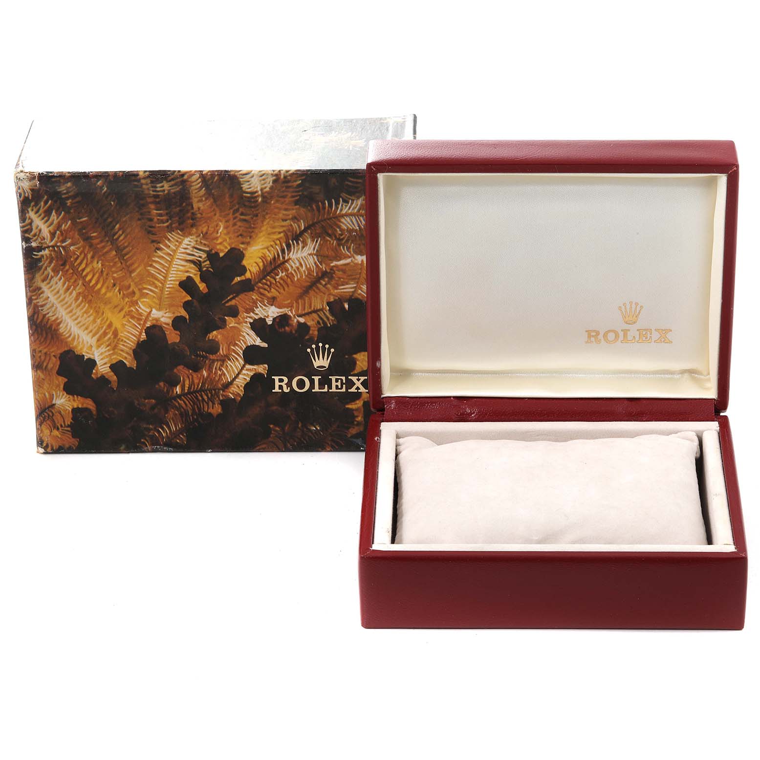 The image shows an open empty box and outer case for a Rolex President 68278G Women's Yellow Gold Champagne Dial 68278G Women's Yellow Gold Champagne Dial model watch.