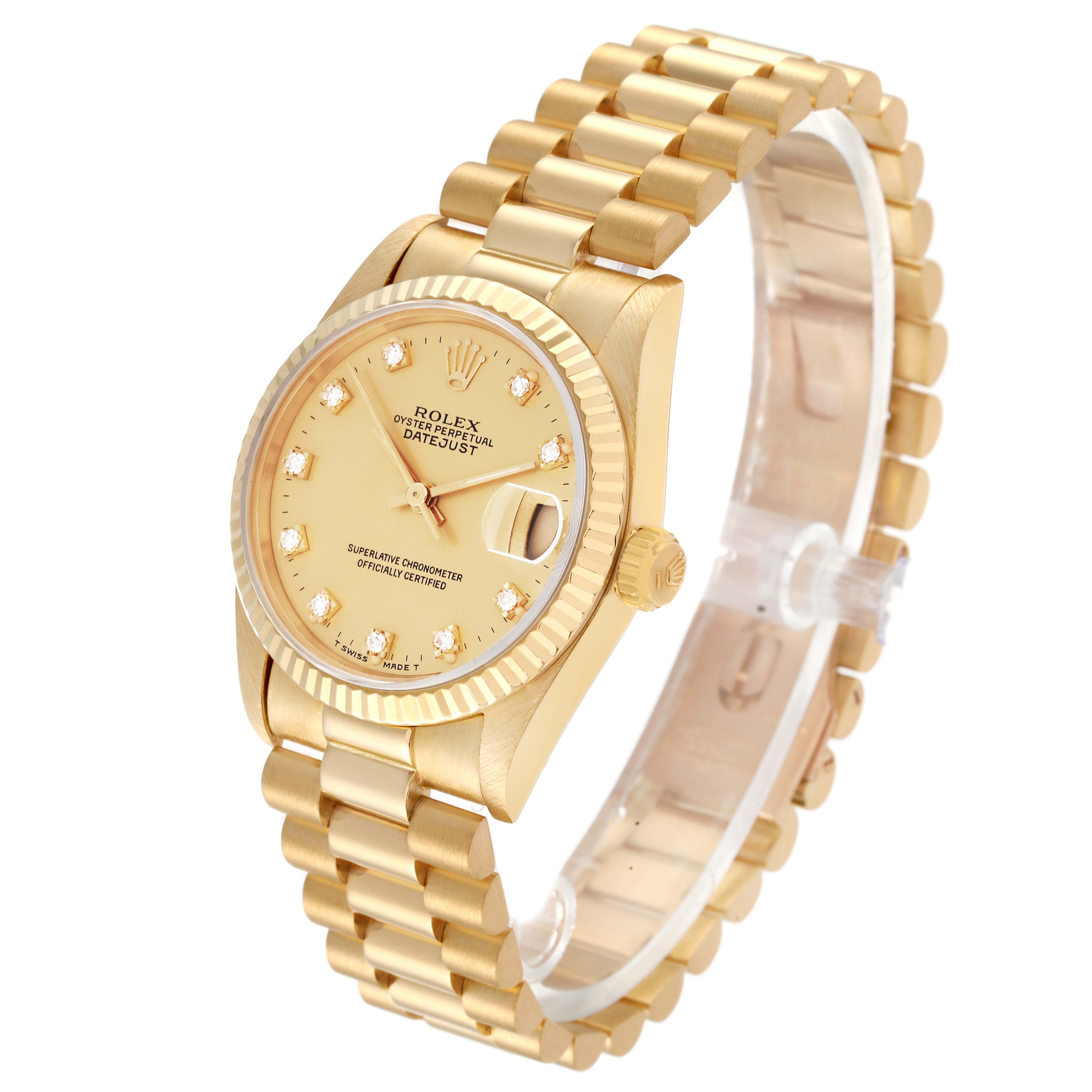 The image shows a Rolex President 68278G Women's Yellow Gold Champagne Dial 68278G Women's Yellow Gold Champagne Dial model watch from a front-left angle, highlighting its face, bezel, crown, and bracelet.