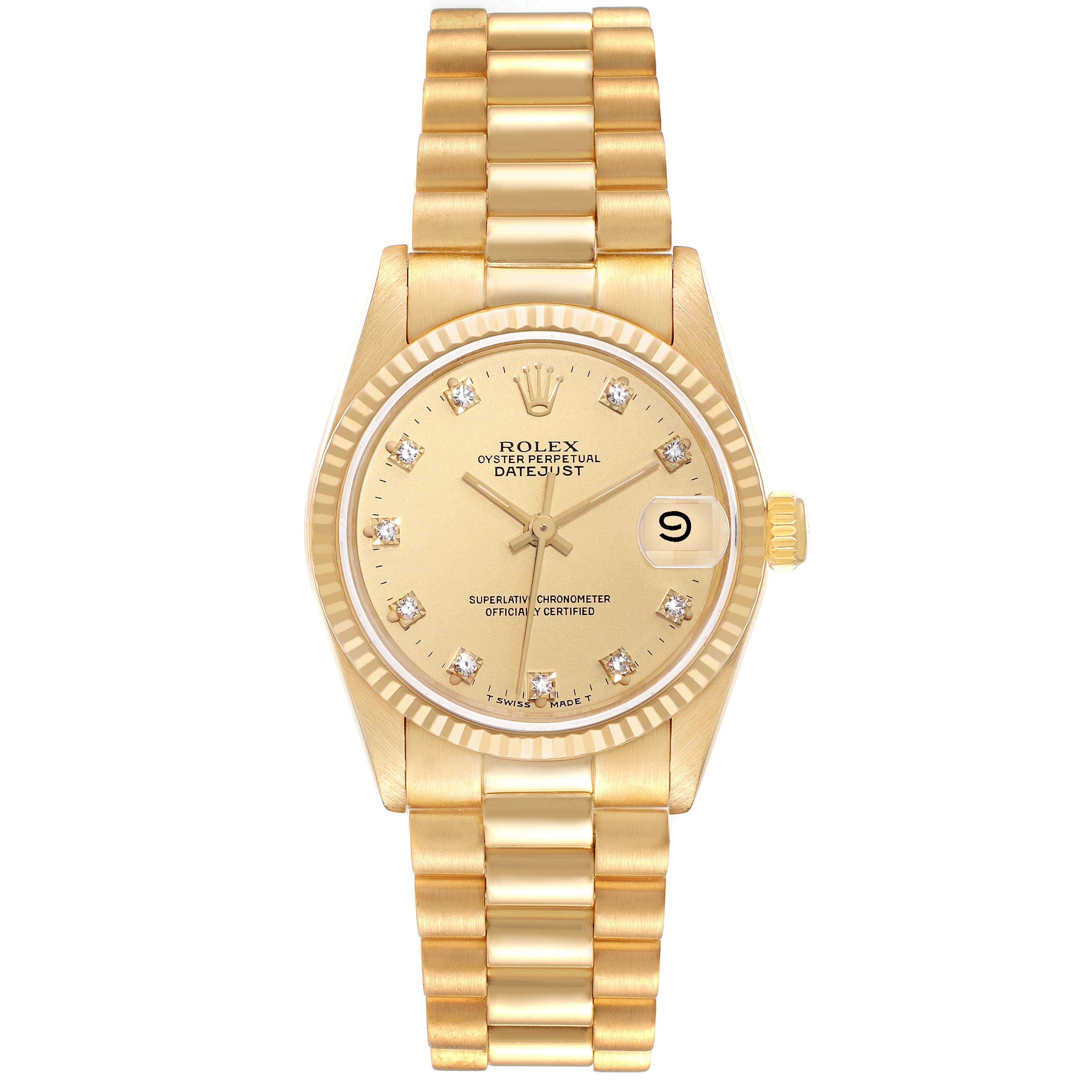 The image shows a top-down view of a Rolex President 68278G Women's Yellow Gold Champagne Dial 68278G Women's Yellow Gold Champagne Dial model watch, displaying its gold bracelet and diamond-studded dial.
