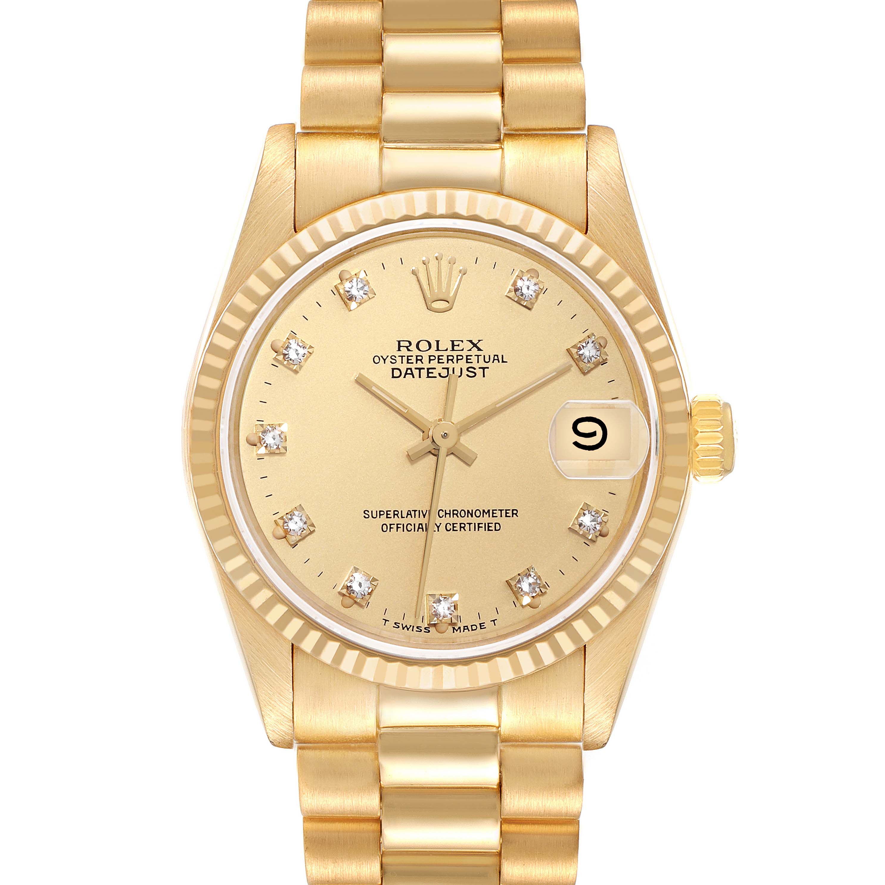 The image shows a frontal view of a Rolex President 68278G Women's Yellow Gold Champagne Dial 68278G Women's Yellow Gold Champagne Dial Datejust watch, displaying the full face, bezel, and part of the bracelet.