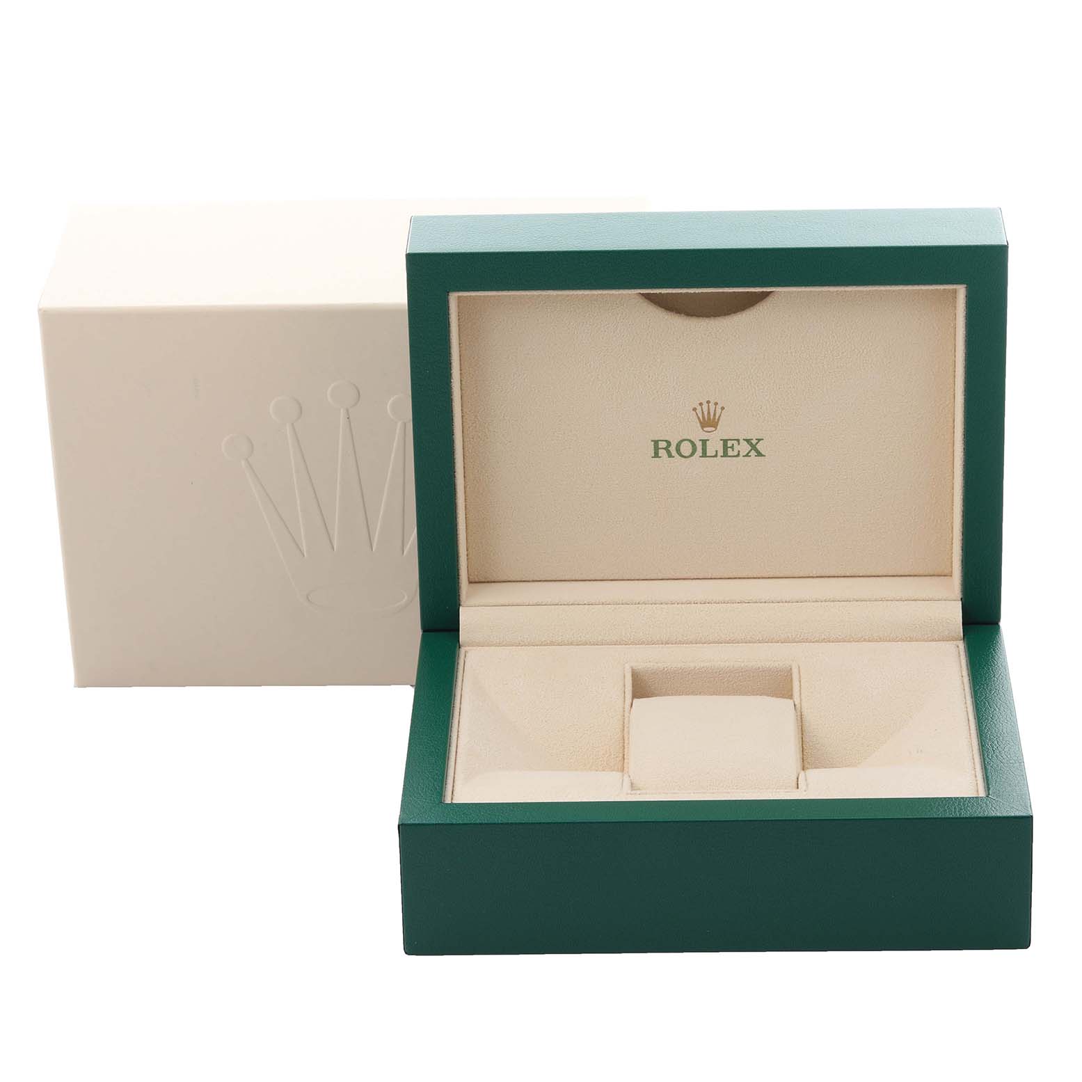 The image shows an open Rolex Sea-Dweller 126600 Men
s Stainless Steel Black Dial 126600 Men
s Stainless Steel Black Dial watch box at eye level, highlighting its green exterior and beige interior.