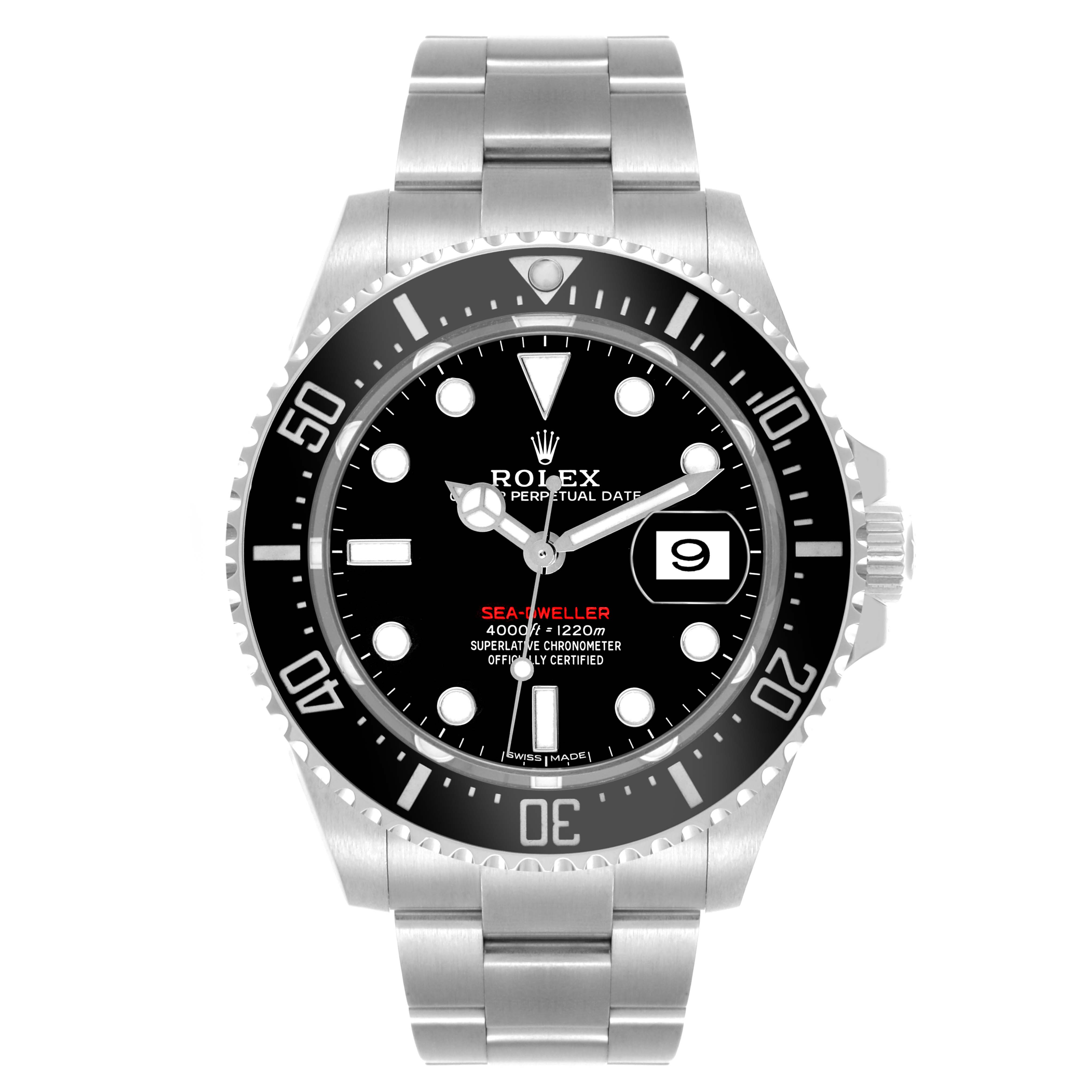 The Rolex Sea-Dweller 126600 Men
s Stainless Steel Black Dial 126600 Men
s Stainless Steel Black Dial watch is shown from a front angle, displaying its face, bezel, crown, and bracelet.