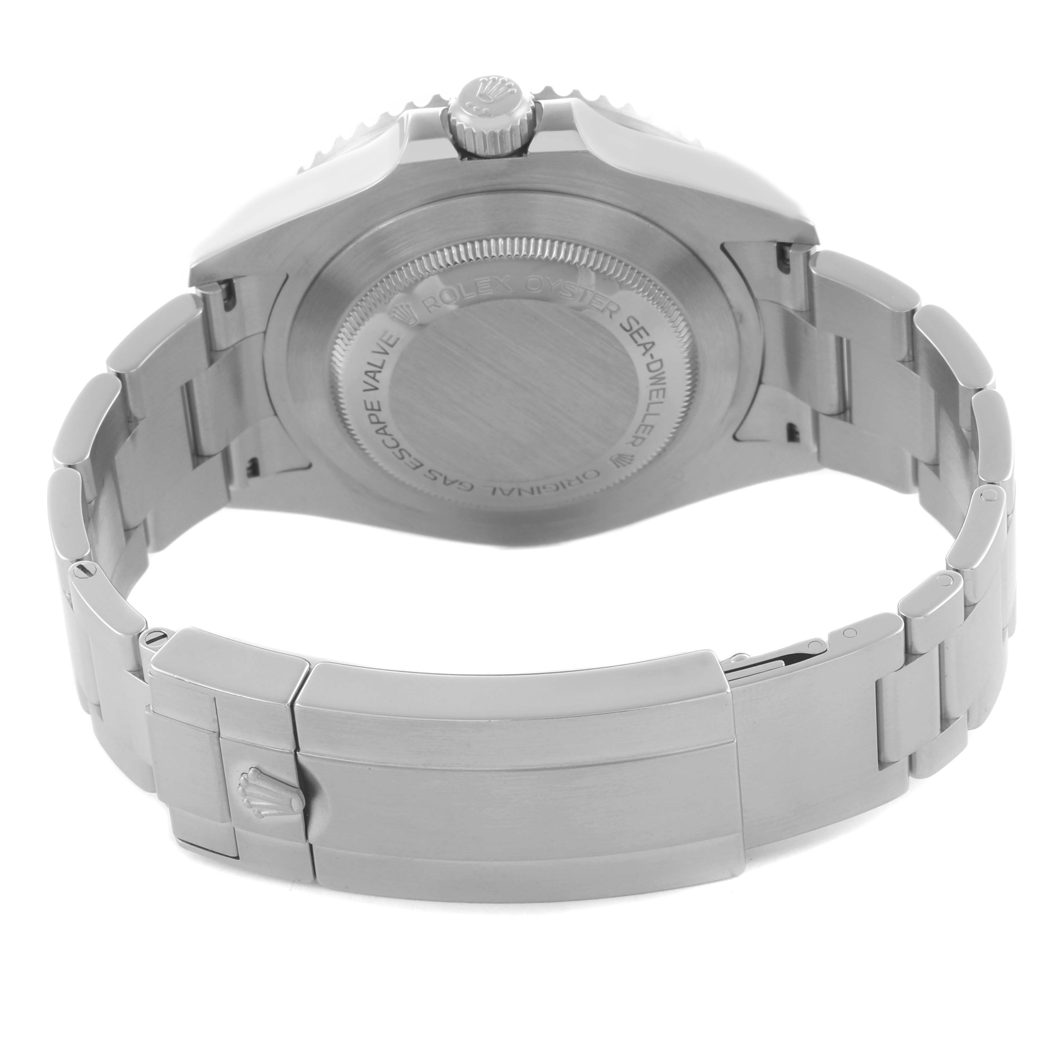 The Rolex Sea-Dweller 126600 Men
s Stainless Steel Black Dial 126600 Men
s Stainless Steel Black Dial is shown from the back, displaying its case back and clasp.