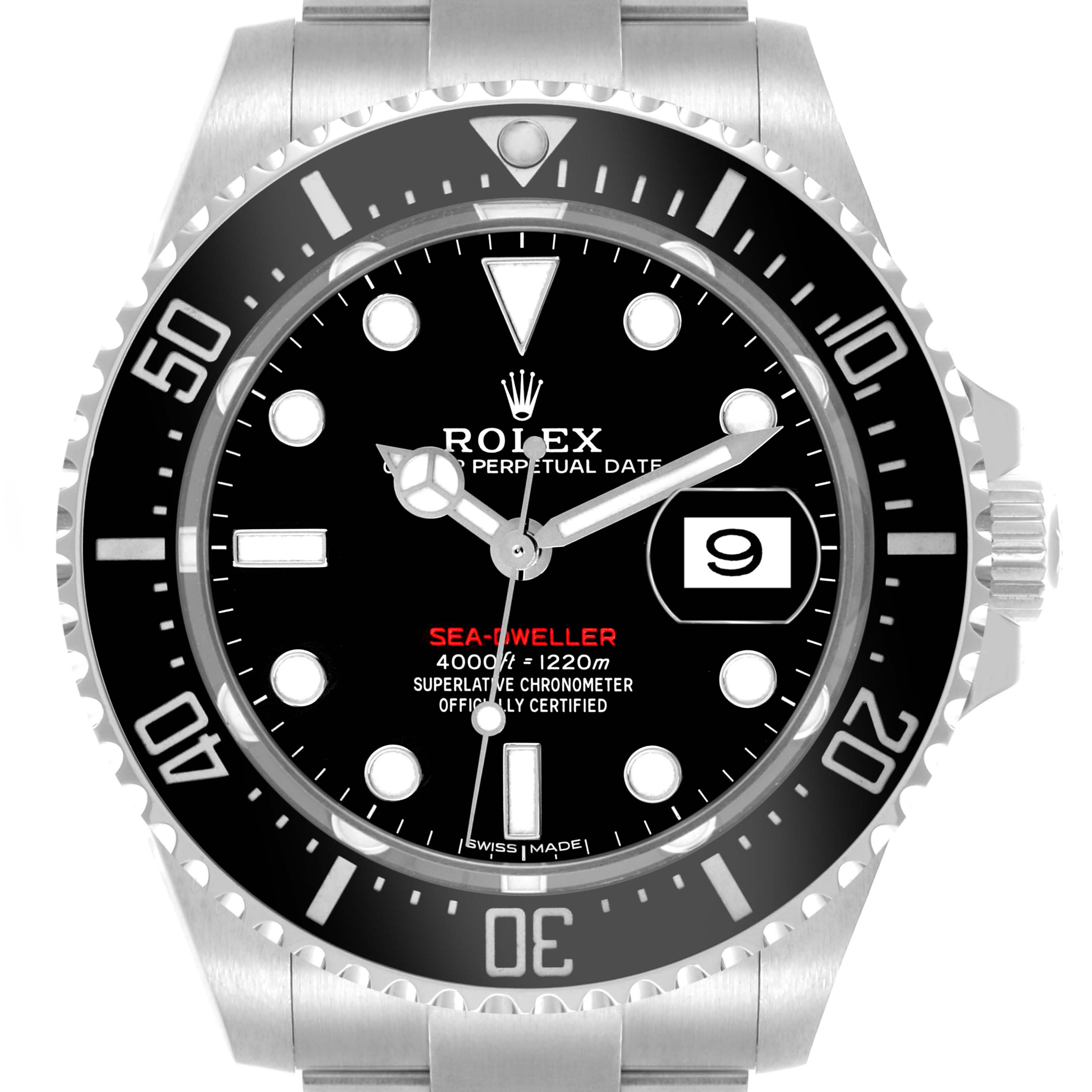 The Rolex Sea-Dweller 126600 Men
s Stainless Steel Black Dial 126600 Men
s Stainless Steel Black Dial watch is shown from a front angle, highlighting its dial, bezel, and crown.