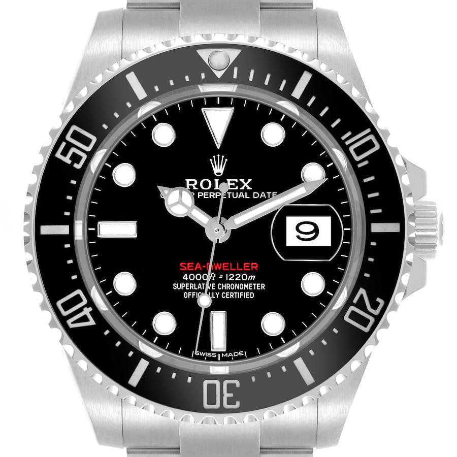 The Rolex Sea-Dweller watch is shown from a front angle, highlighting its dial, bezel, and crown.