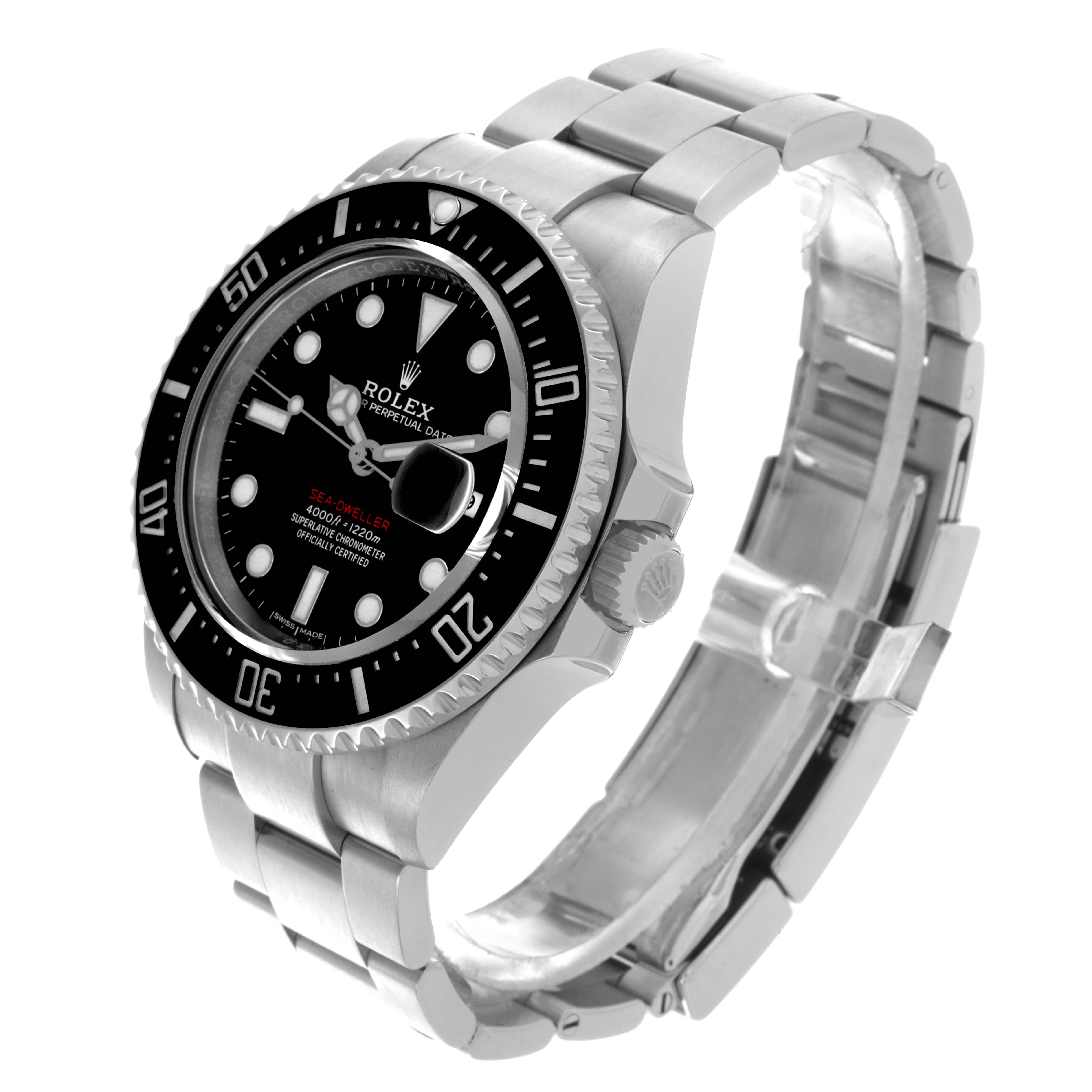 The Rolex Sea-Dweller 126600 Men
s Stainless Steel Black Dial 126600 Men
s Stainless Steel Black Dial watch is shown at a three-quarter angle, highlighting the dial, bezel, crown, and bracelet.