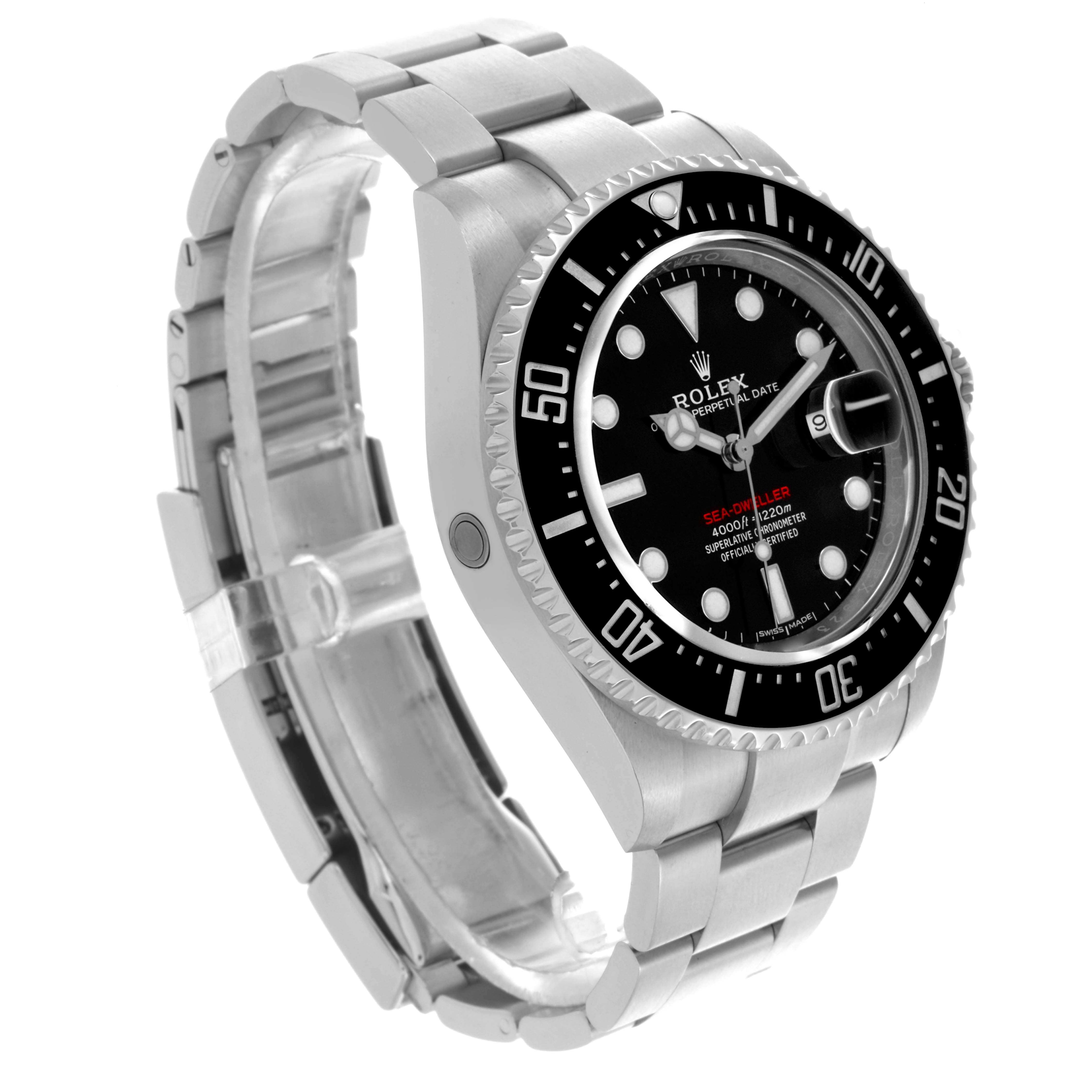 The Rolex Sea-Dweller 126600 Men
s Stainless Steel Black Dial 126600 Men
s Stainless Steel Black Dial watch is shown from a slightly angled side view, displaying the bracelet, bezel, and dial.