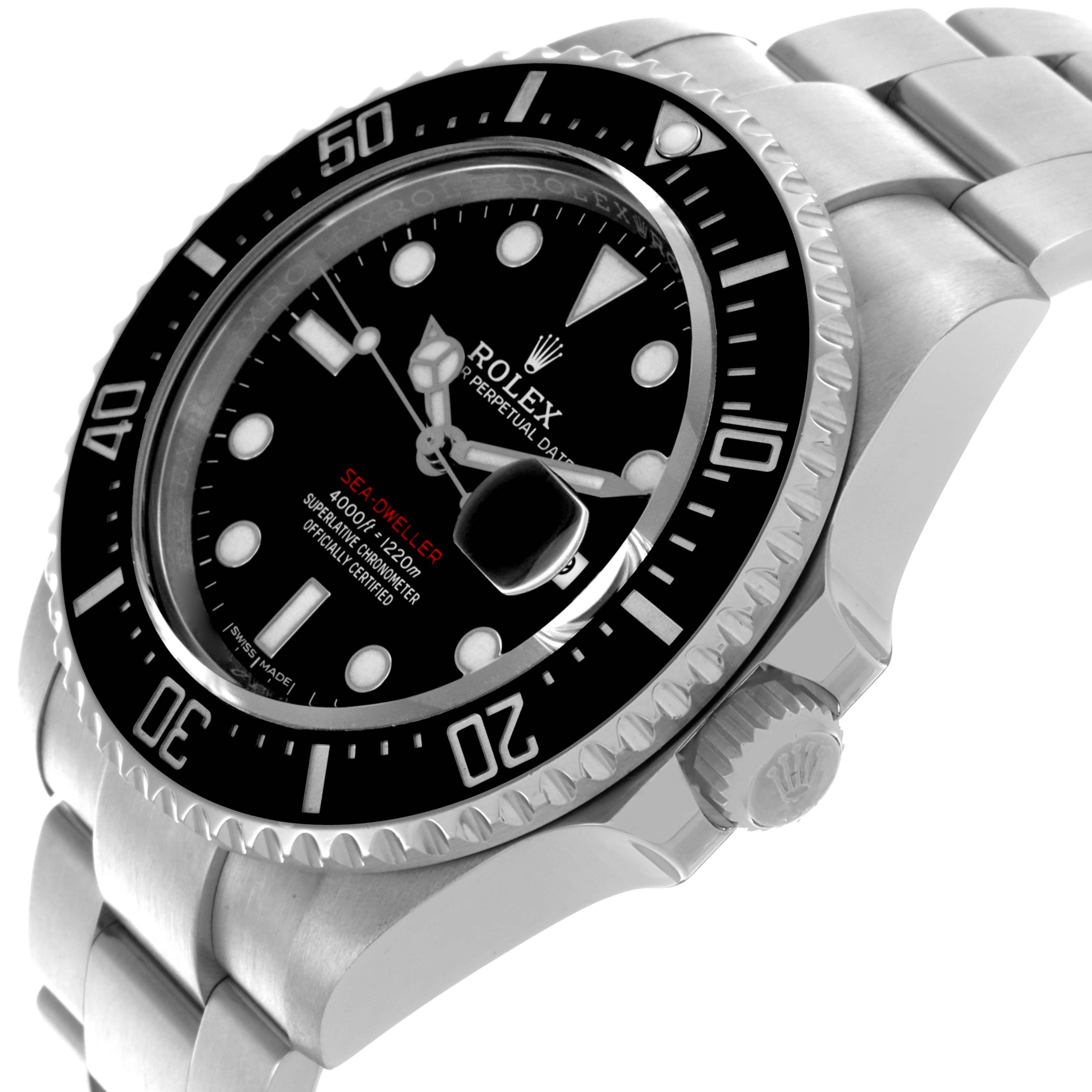 The Rolex Sea-Dweller 126600 Men
s Stainless Steel Black Dial 126600 Men
s Stainless Steel Black Dial is shown at a side angle, featuring its bezel, crown, and part of the bracelet.