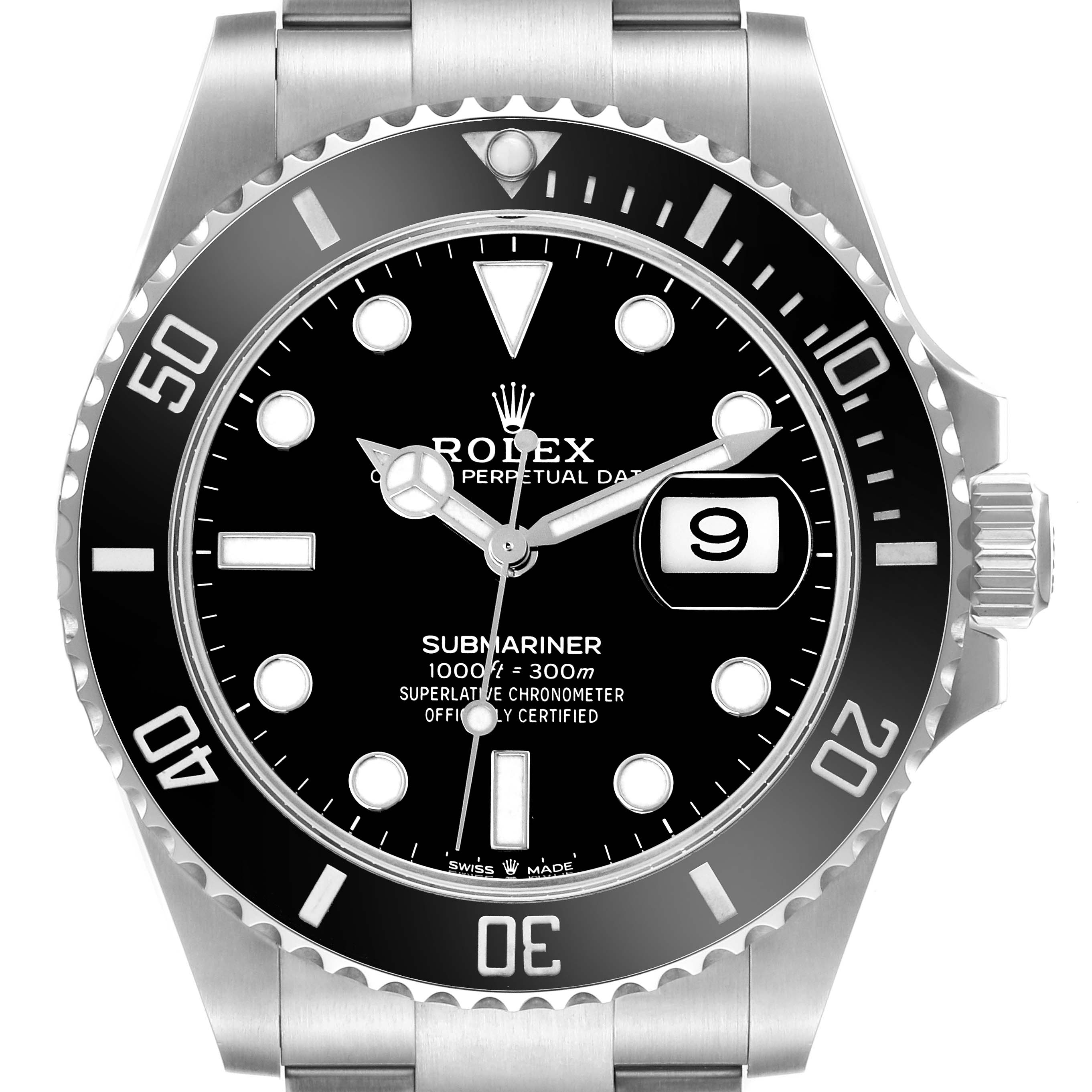 The Rolex Submariner 126610LN Men
s Stainless Steel Black Dial 126610LN Men
s Stainless Steel Black Dial watch is shown from the front, displaying the face, bezel, and date feature.