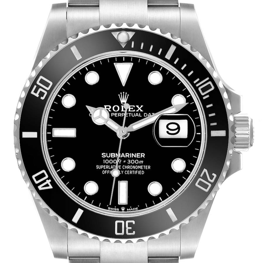 The Rolex Submariner watch is shown from the front, displaying the face, bezel, and date feature.