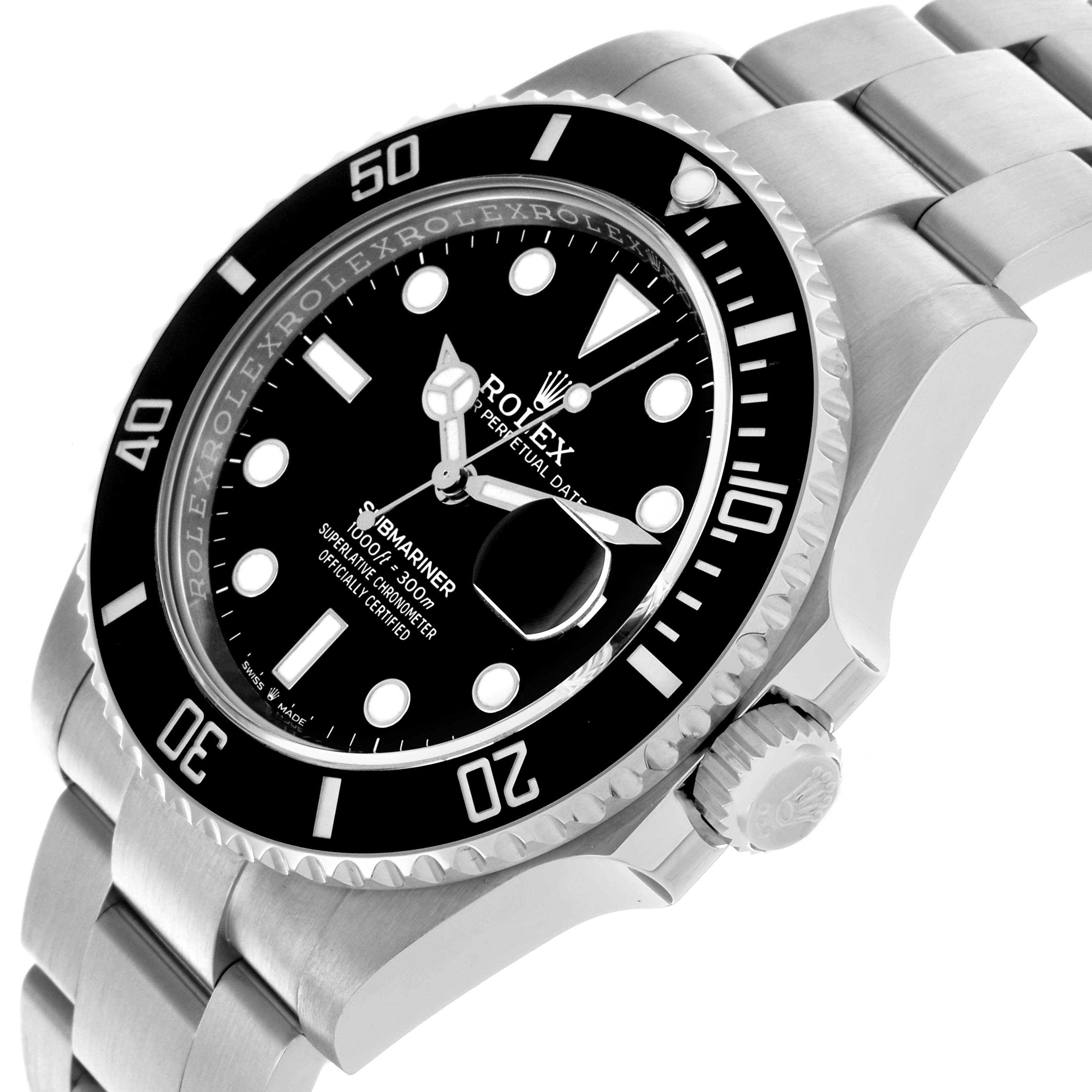 The image shows a Rolex Submariner 126610LN Men
s Stainless Steel Black Dial 126610LN Men
s Stainless Steel Black Dial at an angle highlighting the dial, bezel, and bracelet.