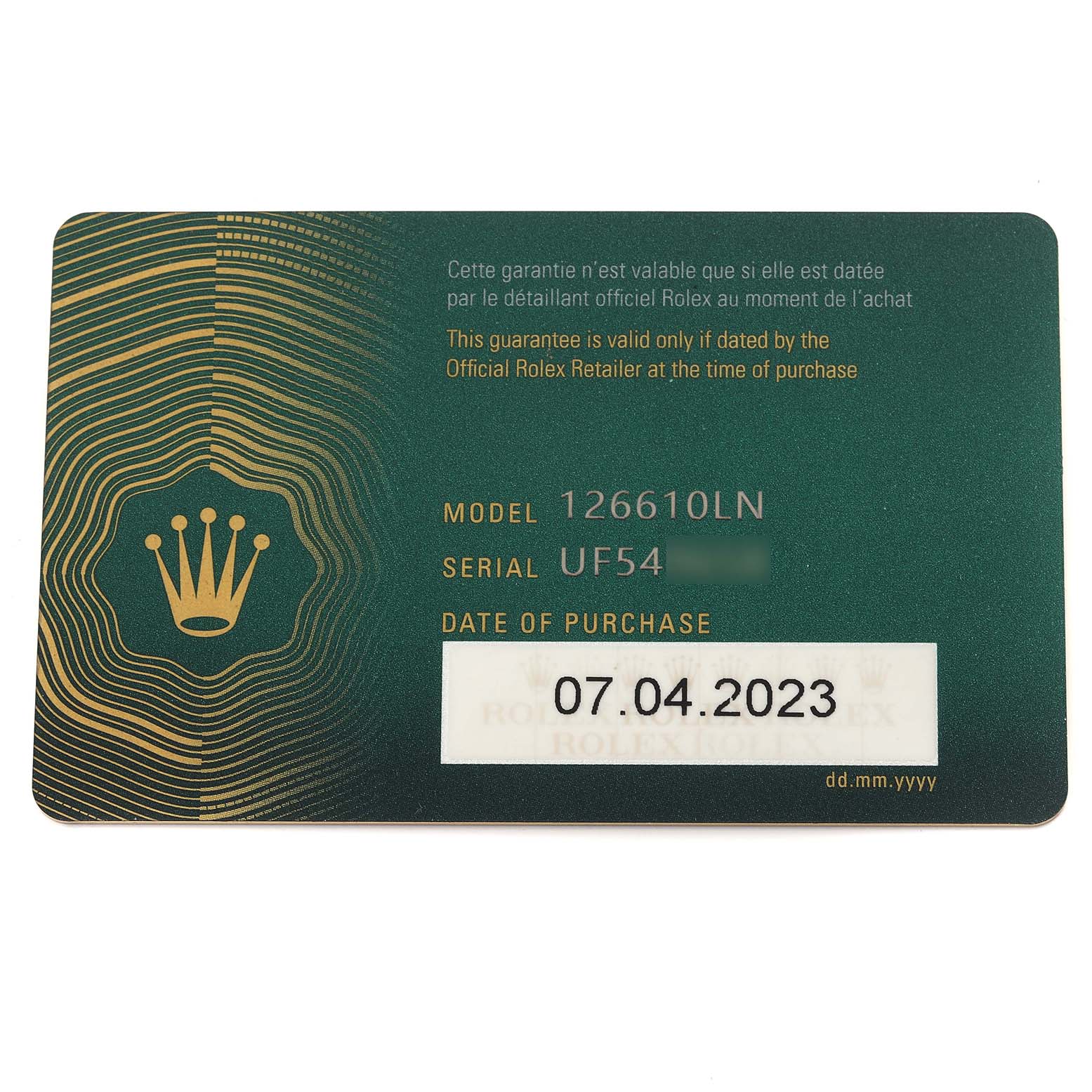 This image shows the warranty card for the Rolex Submariner 126610LN Men
s Stainless Steel Black Dial 126610LN Men
s Stainless Steel Black Dial model 126610LN.