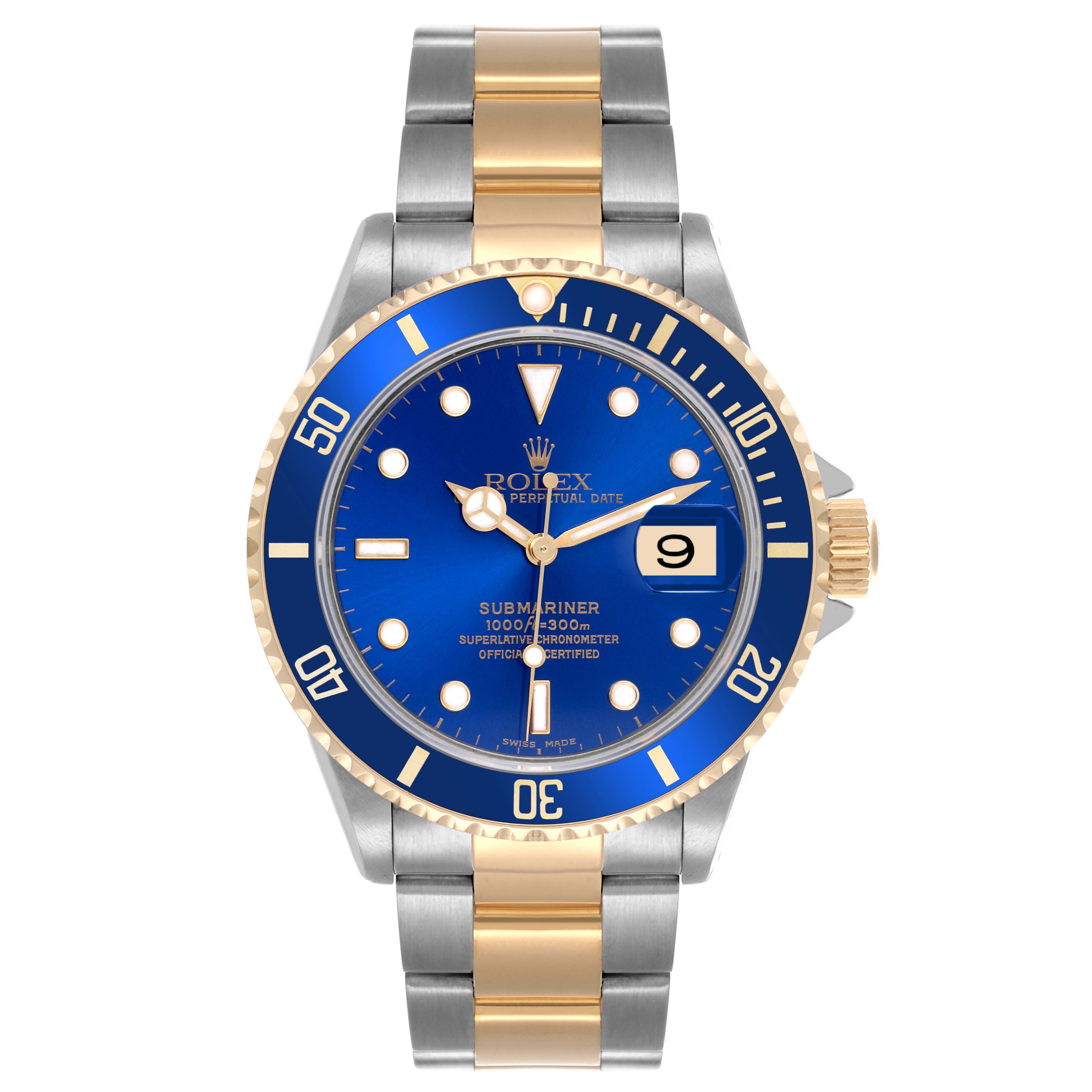 The Rolex Submariner 16613 Men's Steel and Gold (two tone) Blue Dial 16613 Men's Steel and Gold (two tone) Blue Dial is shown from a top-down angle, highlighting its blue dial and two-tone bracelet.