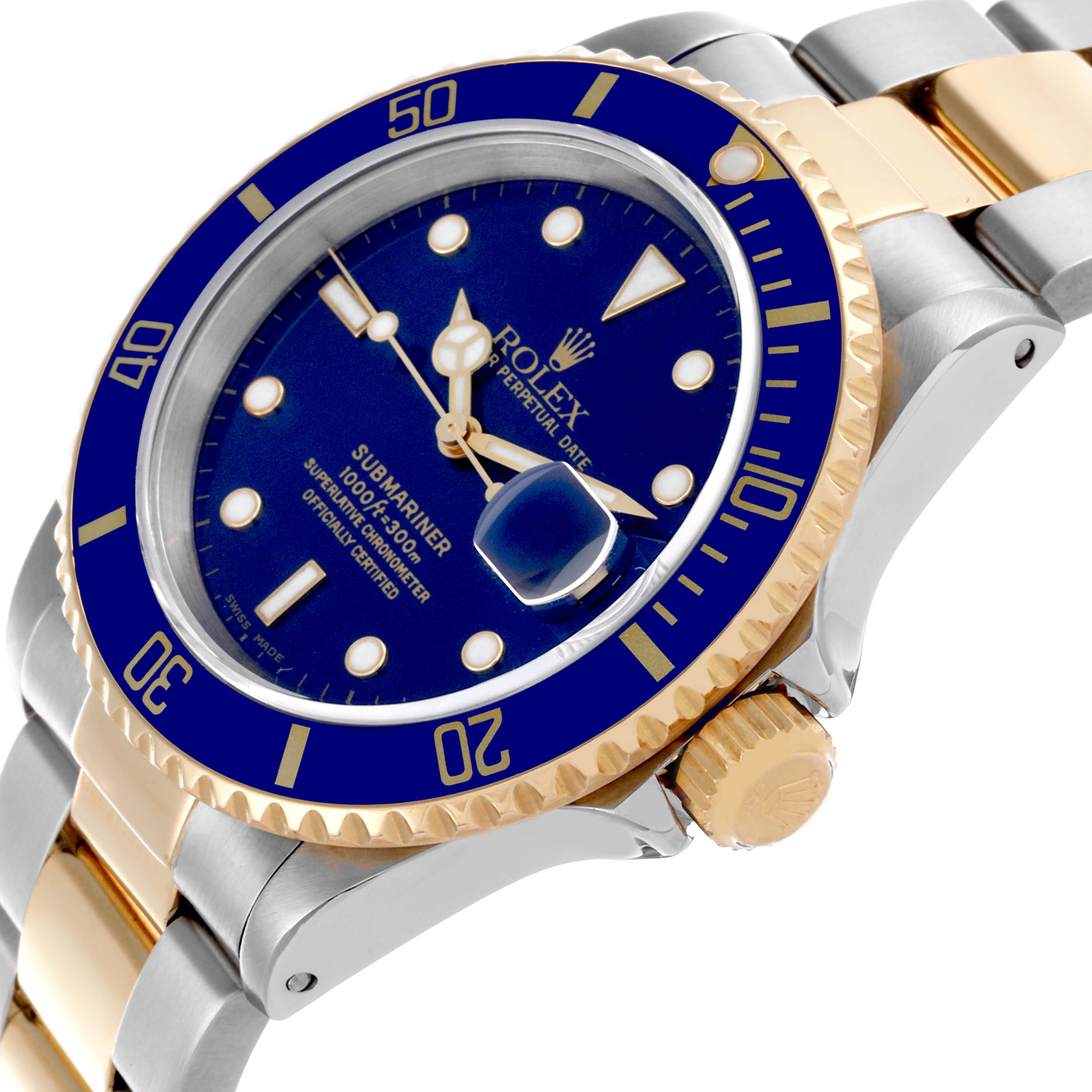 The Rolex Submariner 16613 Men's Steel and Gold (two tone) Blue Dial 16613 Men's Steel and Gold (two tone) Blue Dial watch is shown at an angle highlighting its blue dial, gold bezel, crown, and bracelet links.